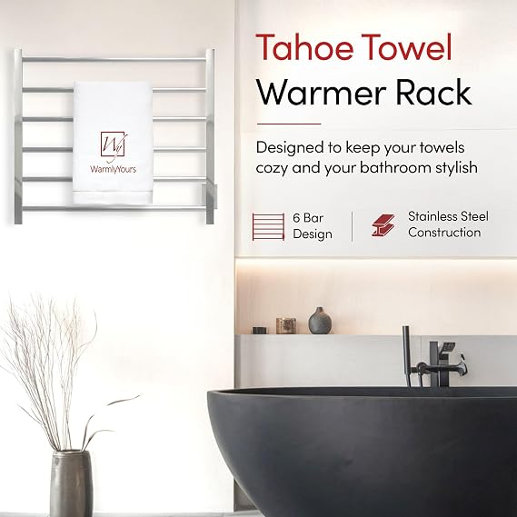 Heated Towel Rack Polished Stainless Steel Wall Mounted Towel Warmer for Luxurious Bathroom Spa-Like Comfort, 6-Bars, 80 Watts Electric Hardwired UL Certified Safe, WarmlyYours Tahoe