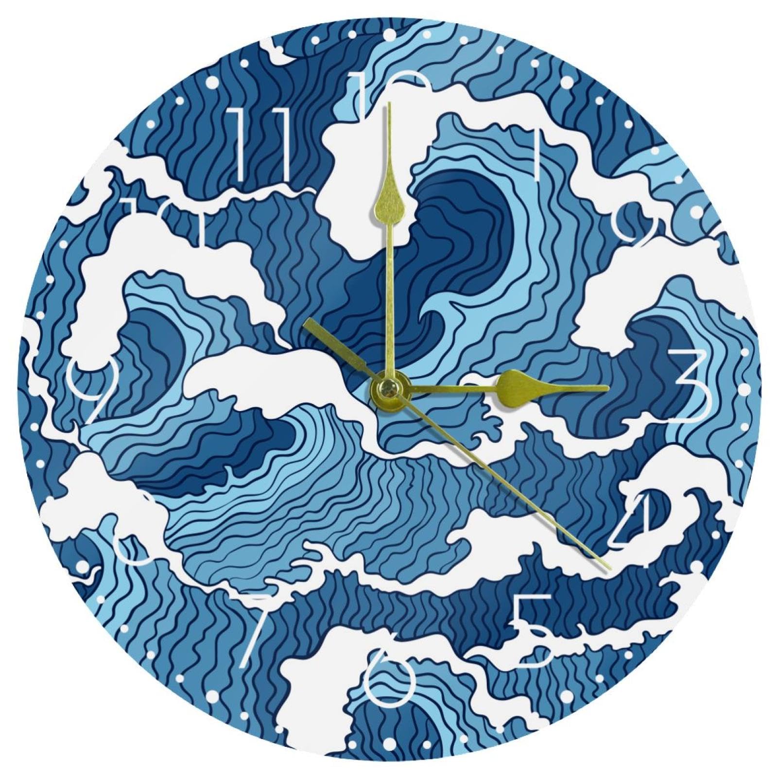 Horloge murale décorative vague bleue ronde pour une décoration zen