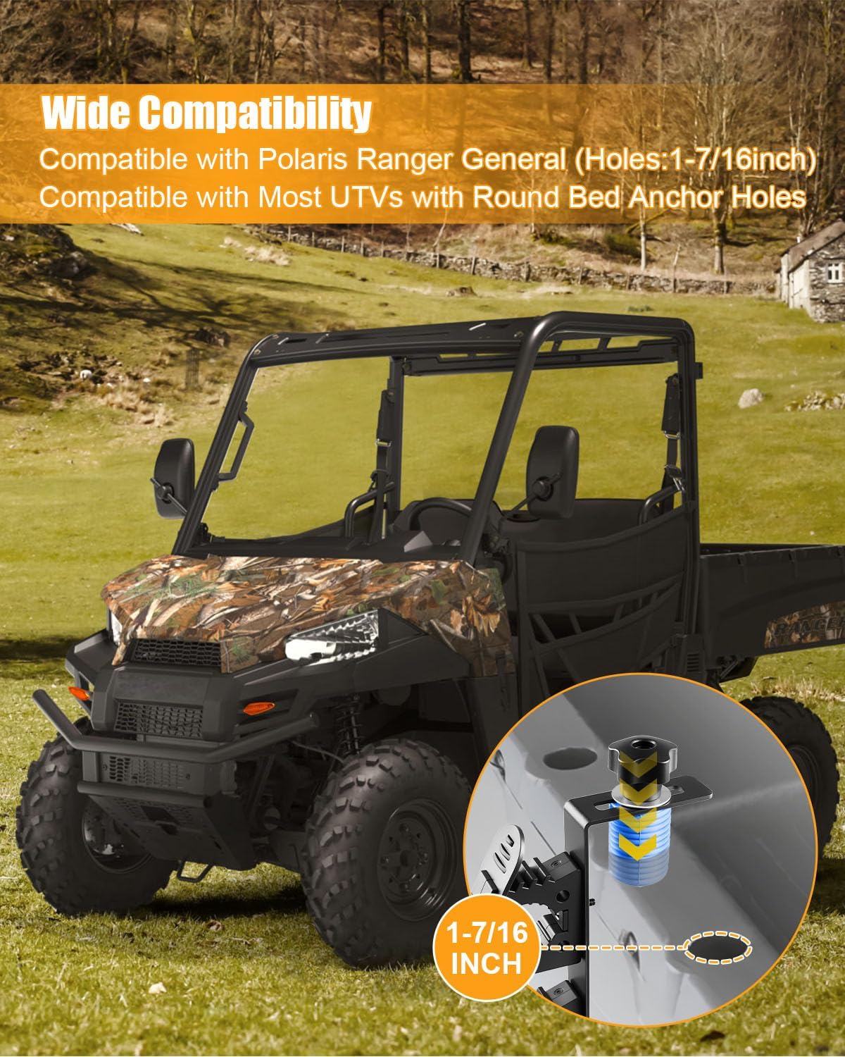 UTV Dual Tool Rack Holder Compatible with Polaris Ranger General Series, Heavy Duty Bed Mount with Rubber Grips, Shovel/rakes/Axe/Farm Tool Mount, Tool Hooks with Twist Lock Anchors, Pack of 2