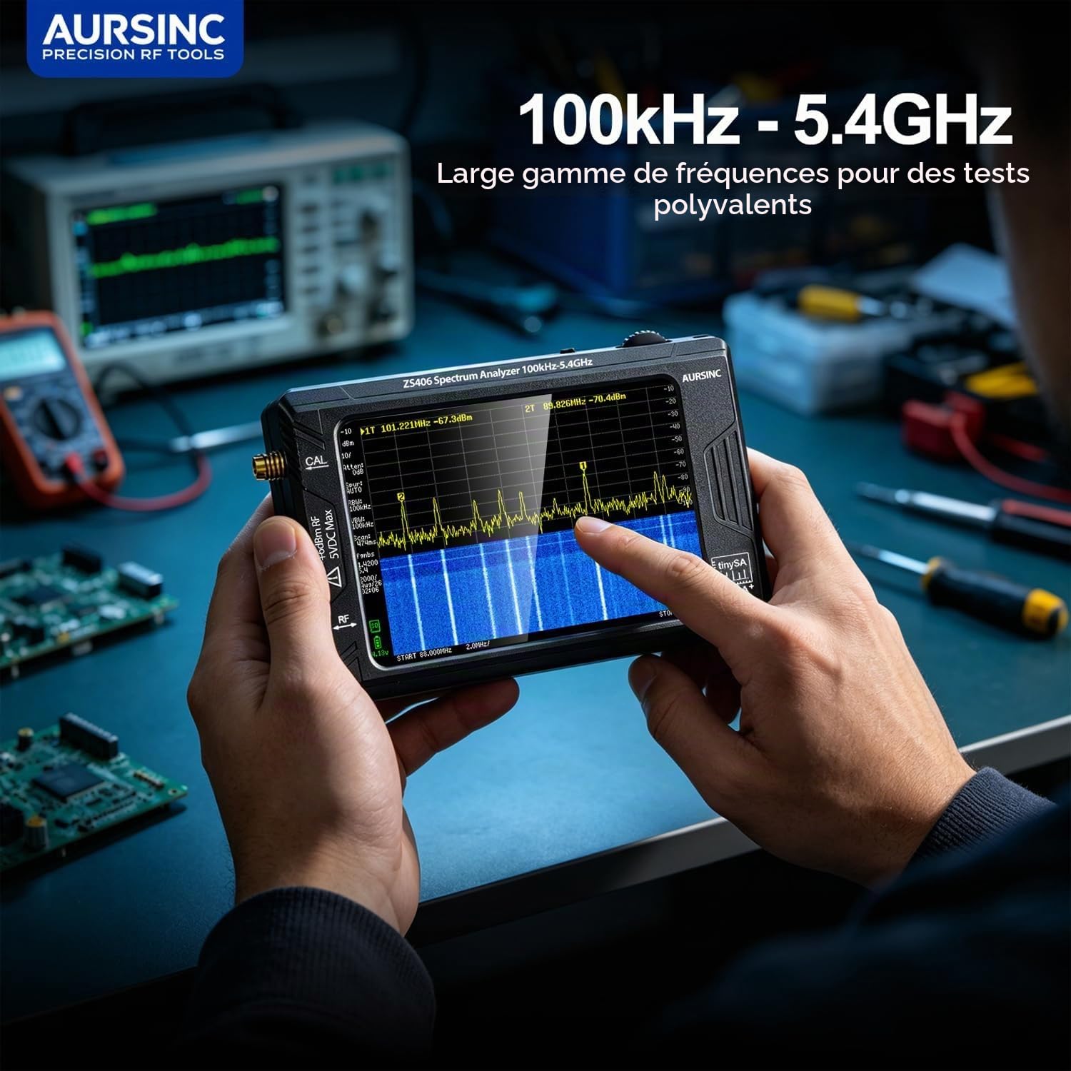 AURSINC Analyseur de Spectre TinySA Ultra+ zs406 mis à Jour, 4,0'' HW V0.4.6 Analyseur de Fréquence 100KHz-5,4GHz avec Carte 32 Go|Générateur de Signaux 2 en 1 100kHz à 900MHz Entrée UHF MF/HF/VHF
