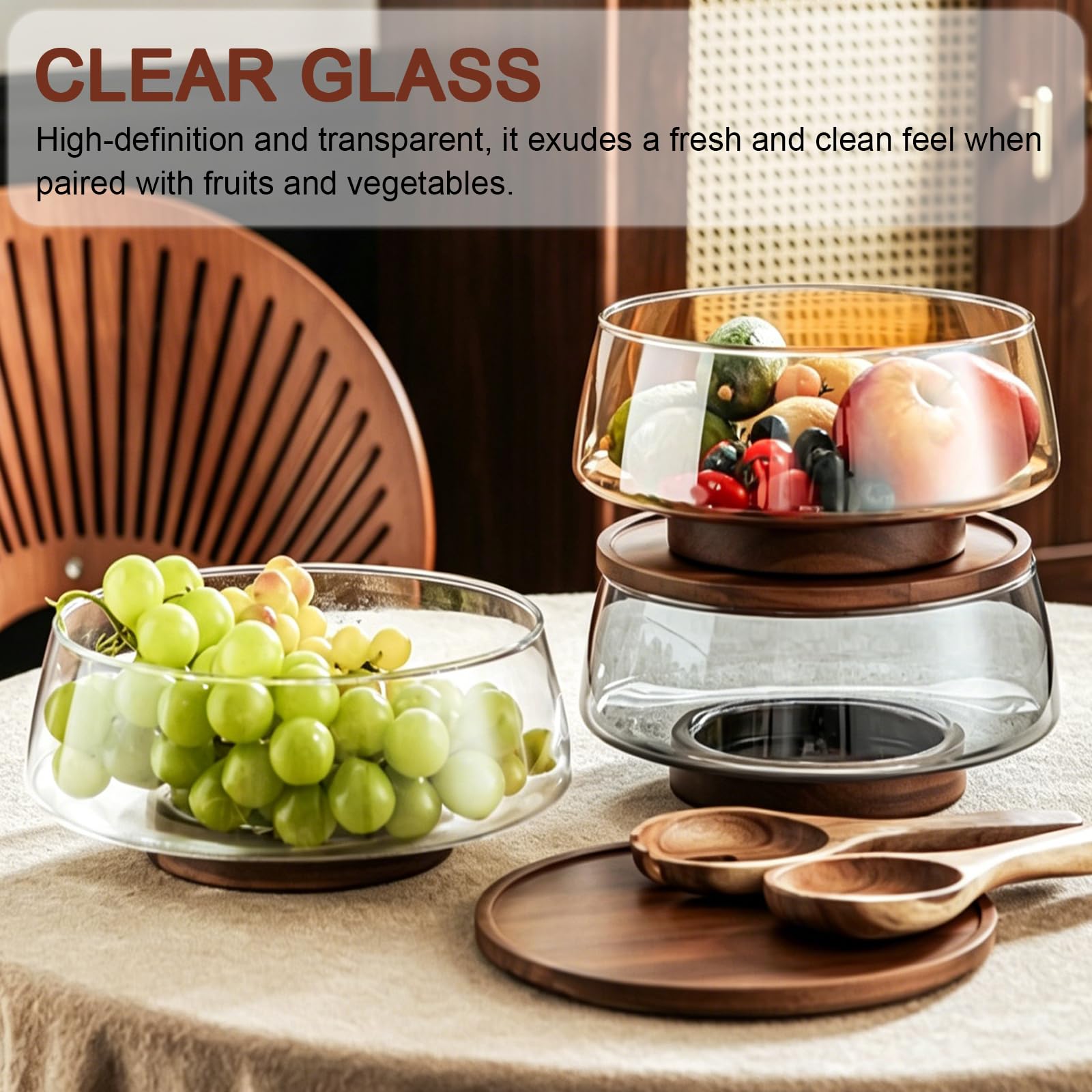 Juego de cuencos de ensalada de vidrio con cucharas mezcladoras y tenedor, base de madera para una mayor estabilidad, diseño de gran capacidad para cocina y fiestas, patrón de rayas, sin tapa