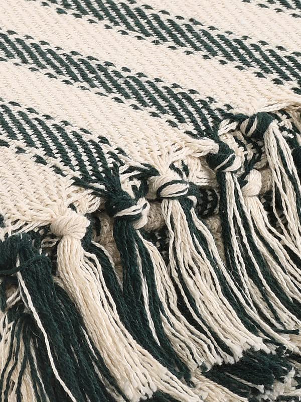SASHAA WORLD Striped Throw Medium with Tasselled Edges |Throw for Living Room, Bedroom, Sofa & Chair |Bottle Green Throw Blanket | 180 x130 cm 4