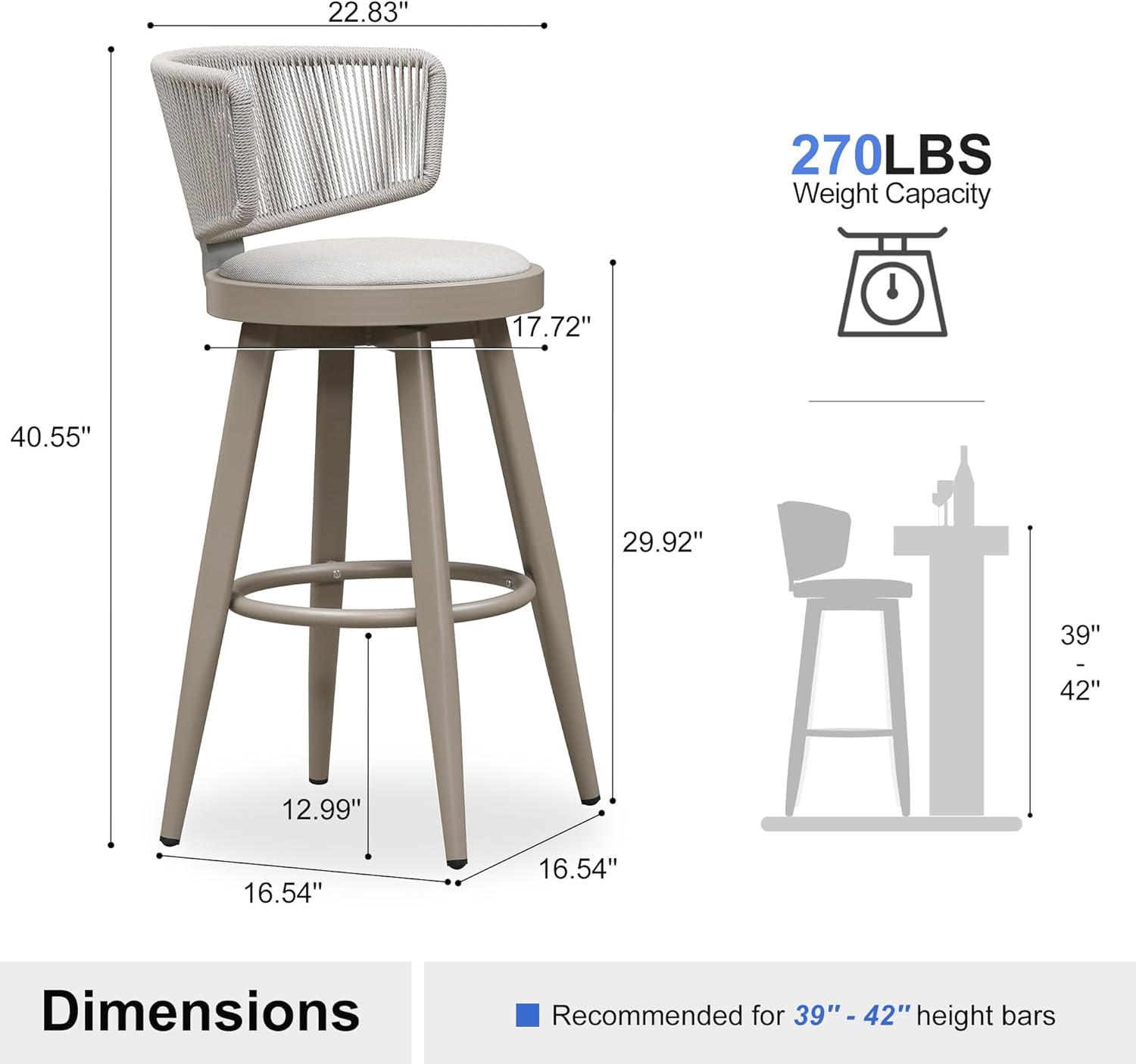 PURPLE LEAF Outdoor Bar Stools Set of 4 30 Inch Patio Swivel Bar Stool Chairs with Ergonomic Back Outdoor Aluminum Barstools for Porch Garden Indoor Kitchen, Champagne