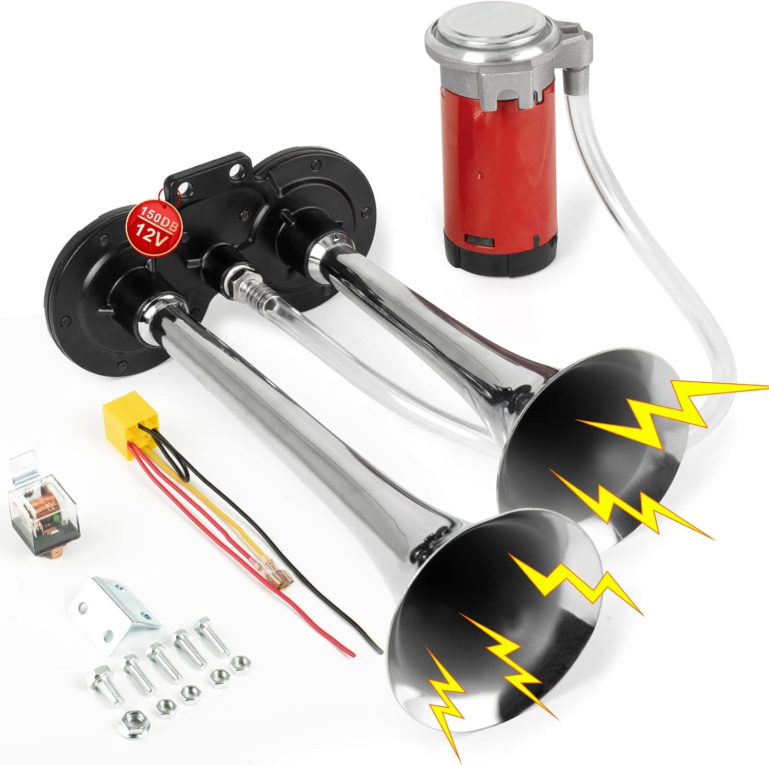 DZANKEN lkw hupe 12V extrem laut Auto Hupe 150dB Air Horn Doppelrohr Drucklufthorn Chrom Zink