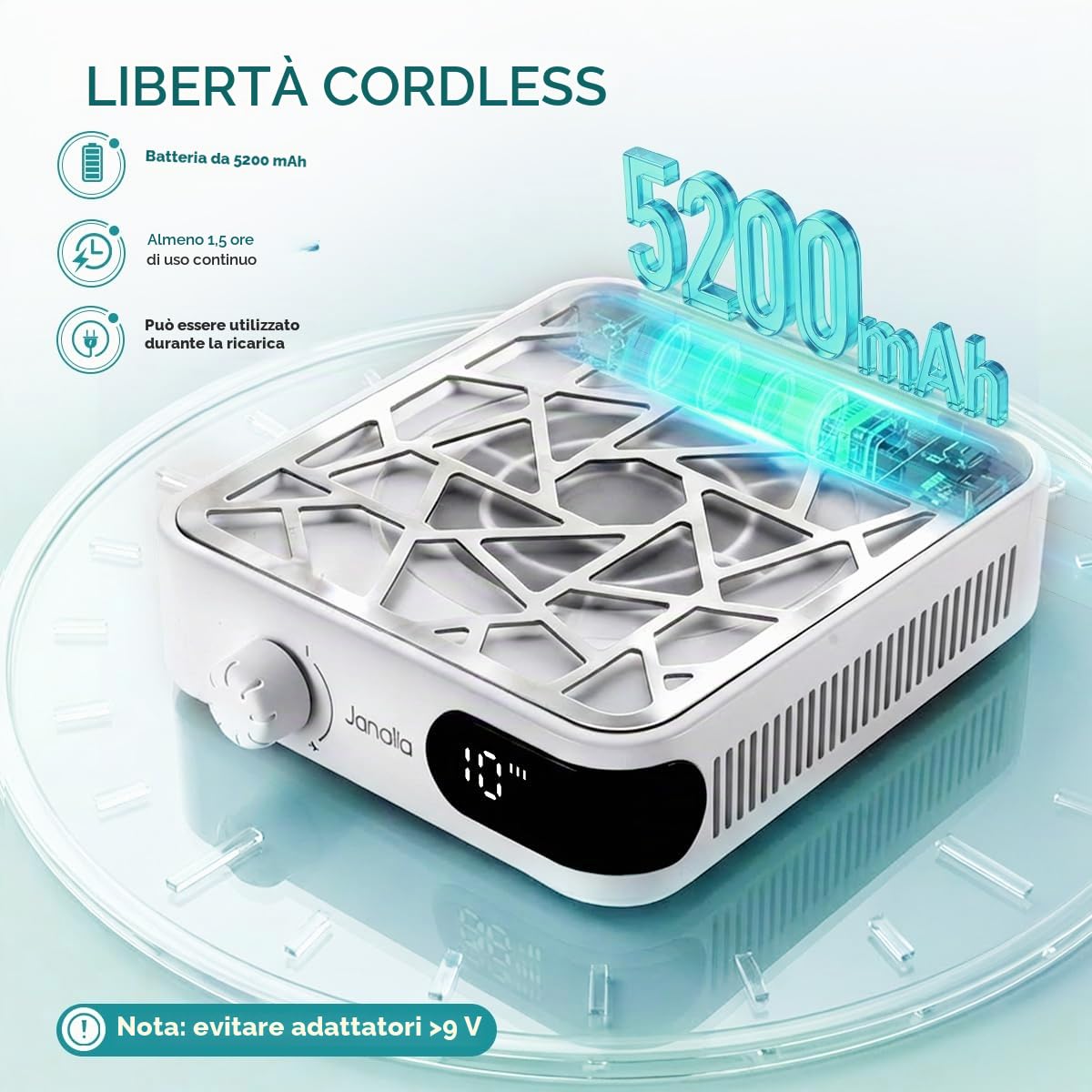 Janolia Aspiratore per Unghie Senza Fili – Mini & Compatto (18x14.9x4cm) – Portatile, 6000 Giri/min, Regolazione a 10 Livelli – con 30 Filtri di Carta Monouso per Salone e Casa