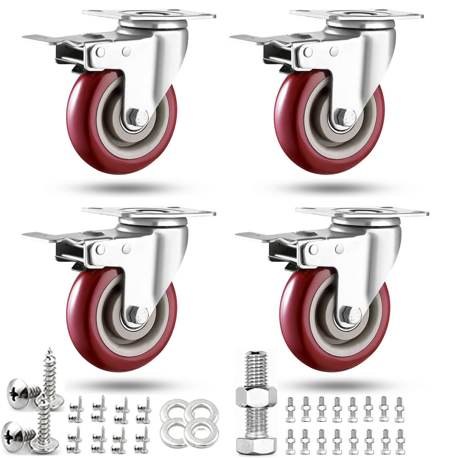 4 inch Heavy Duty Casters Load 2400lbs, Lockable Bearing Plate Caster Wheels with Brakes, 360-degree Swivel Casters for Furniture and Workbench Cart, Set of 4 (Free Screws and a Spanner)