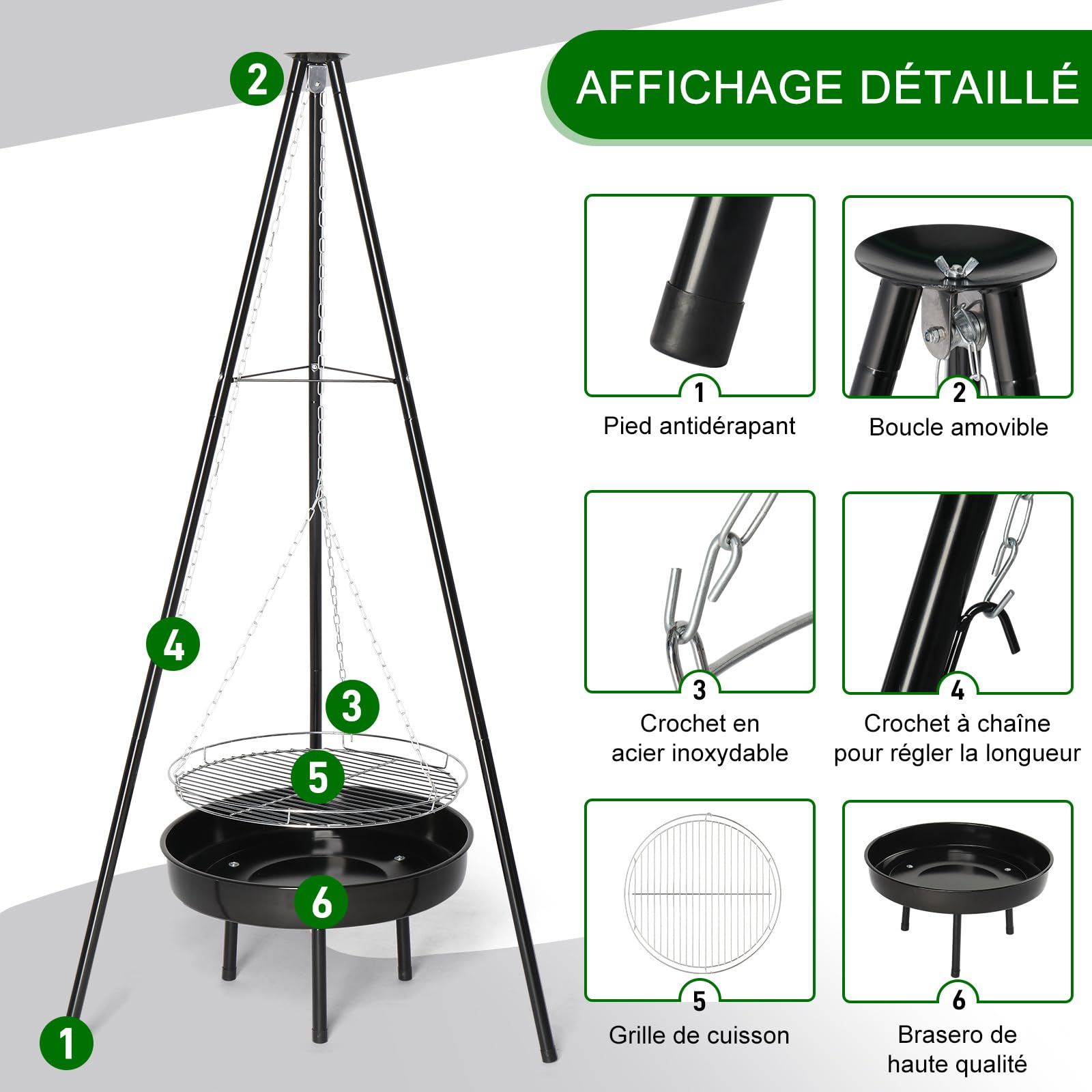 Barbecue Suspendu - Barbecue pivotant avec foyer(Diamètre 50cm) - Structure de type trépied(robuste et stable) - Réglable en hauteur - Noir