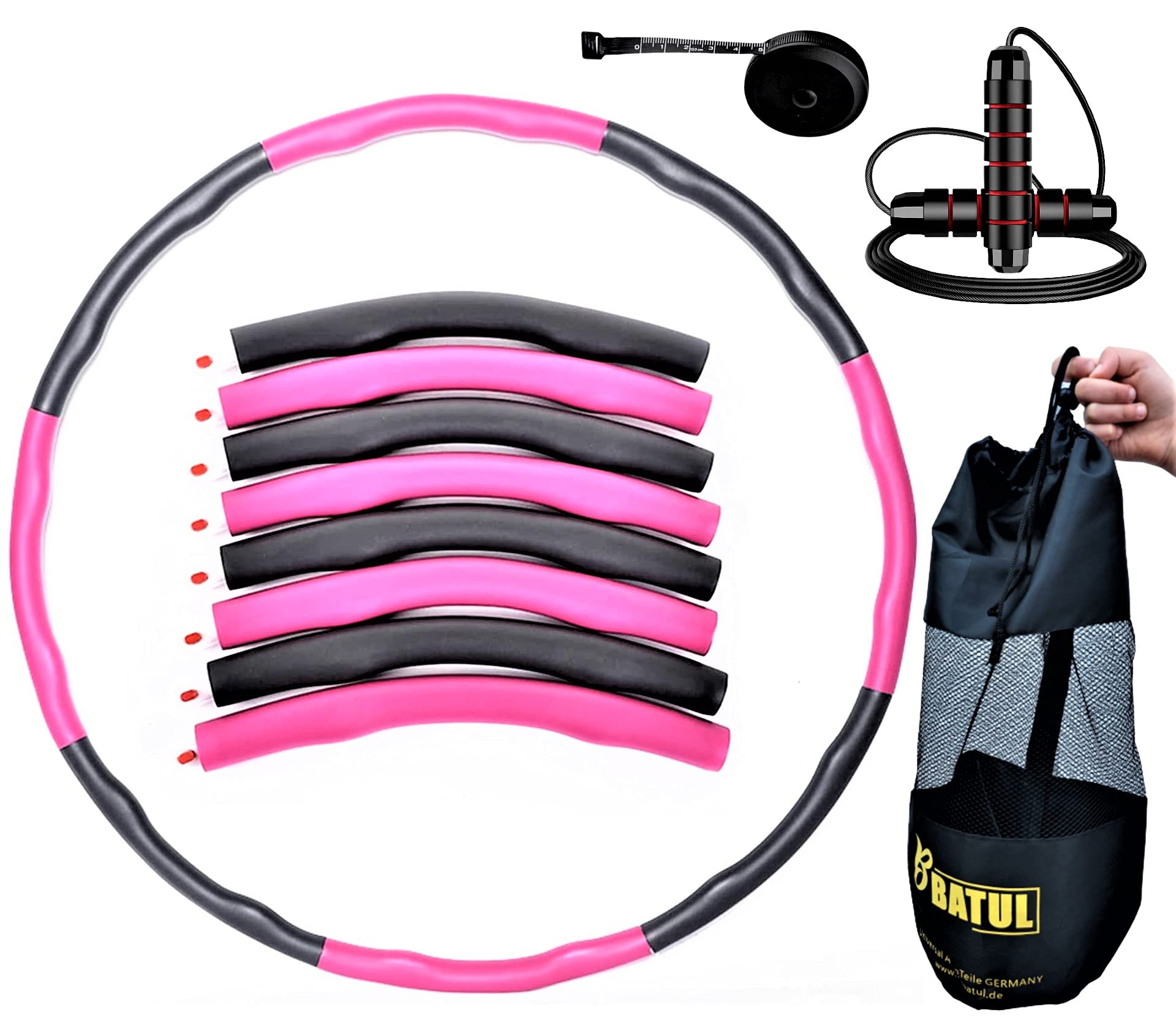 Hula Hoop Ring Reifen Erwachsene und Kinder 5-8 Sektionen Abnehmen & HIIT Training | Bauch Beine Po Training | Fitness Set 4-teilig inklusive Springseil, Maßband & Tasche zur Aufbewahrung