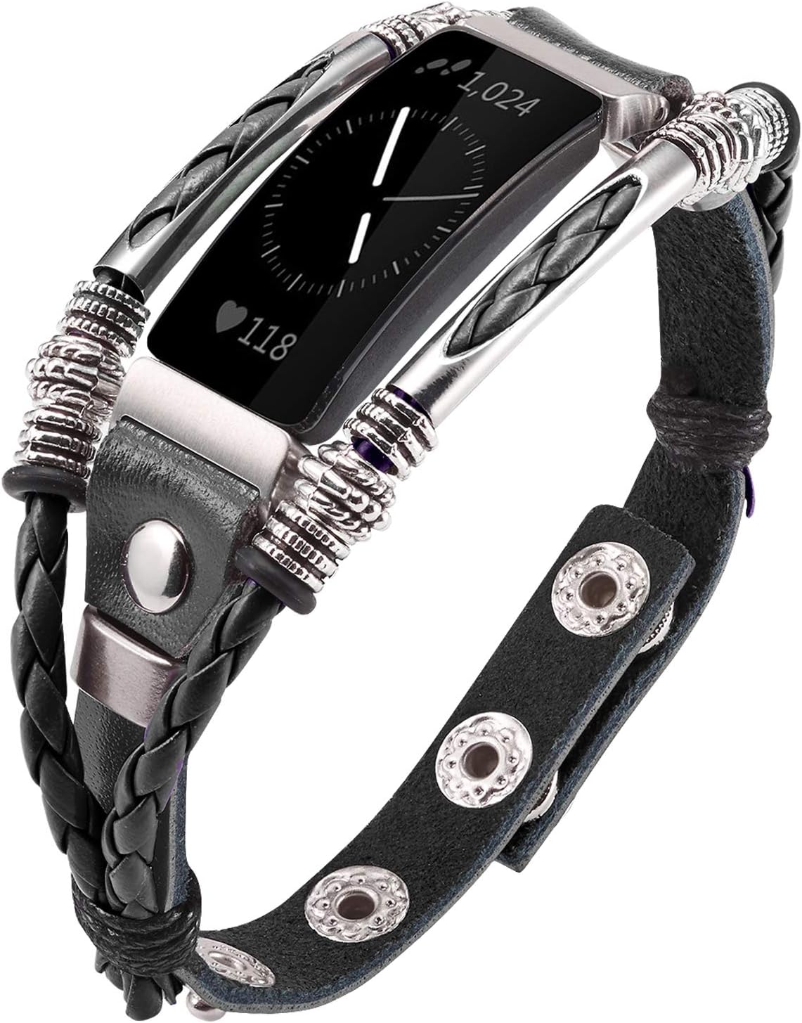 🎁Marval.P🎁 Compatible for Fitbit Inspire Bands, Handmade Leather Inspire HR Band, Replacement Unique Bracelet, Wristbands Adjustable Size Fashion Wrist Band Straps Women Men Lover (Black +)