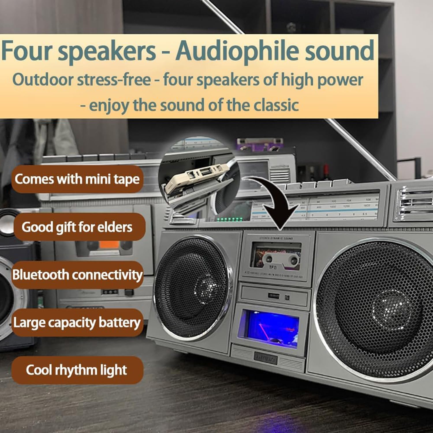 Boombox portatile Bluetooth con mini lettore di cassette, 4 altoparlanti, telecomando, slot USB/Micro SD, perfetto per riunioni di famiglia
