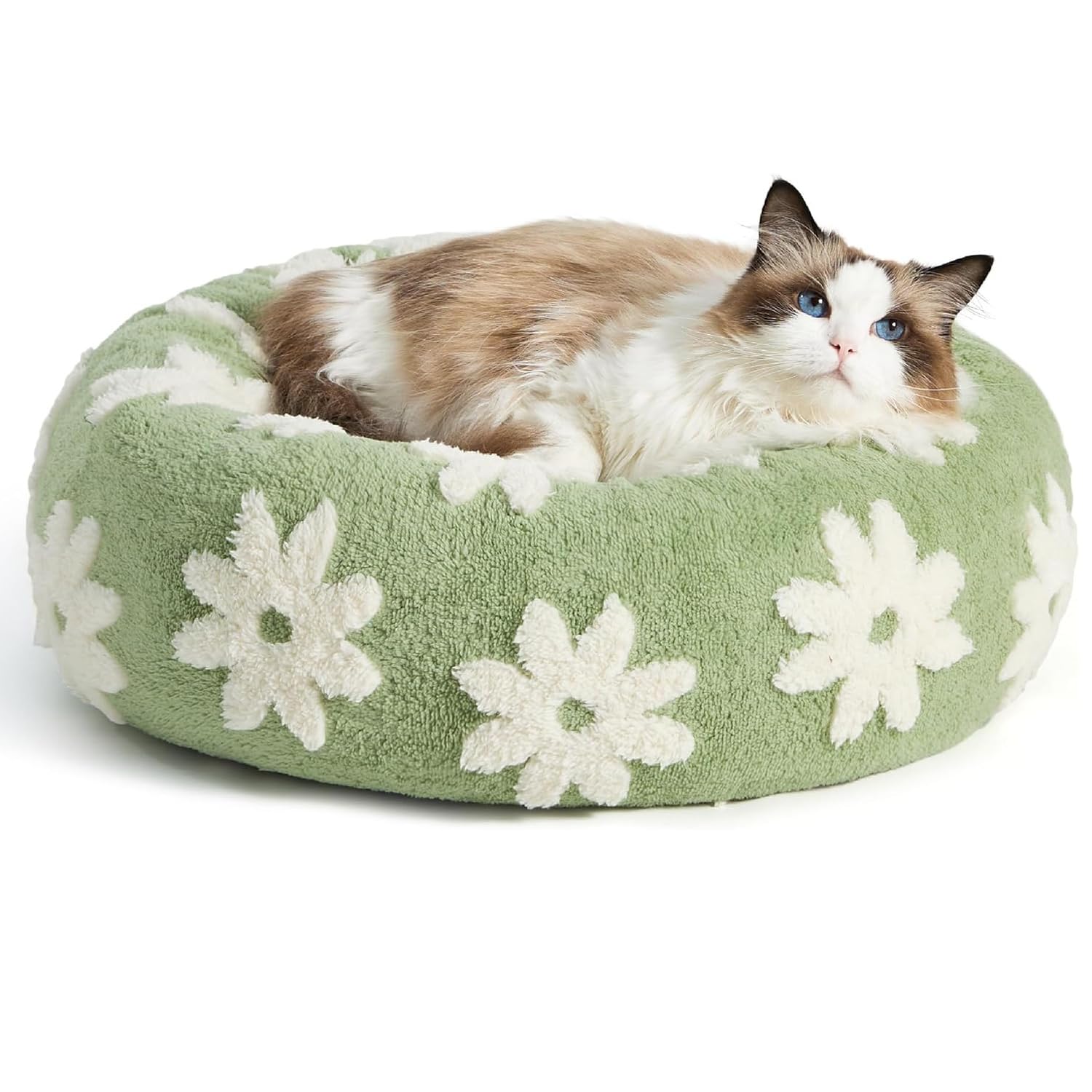 WUMEIJIAJU Plush Soft Donut Dog Bed Round Cat Bed - Calming Pet Bed with Removable Washable Cover, Warm Fluffy Puppy Bed Cushion for Indoor Small Medium Dogs Cats Puppy Kitten (Green, dia. 50cm)