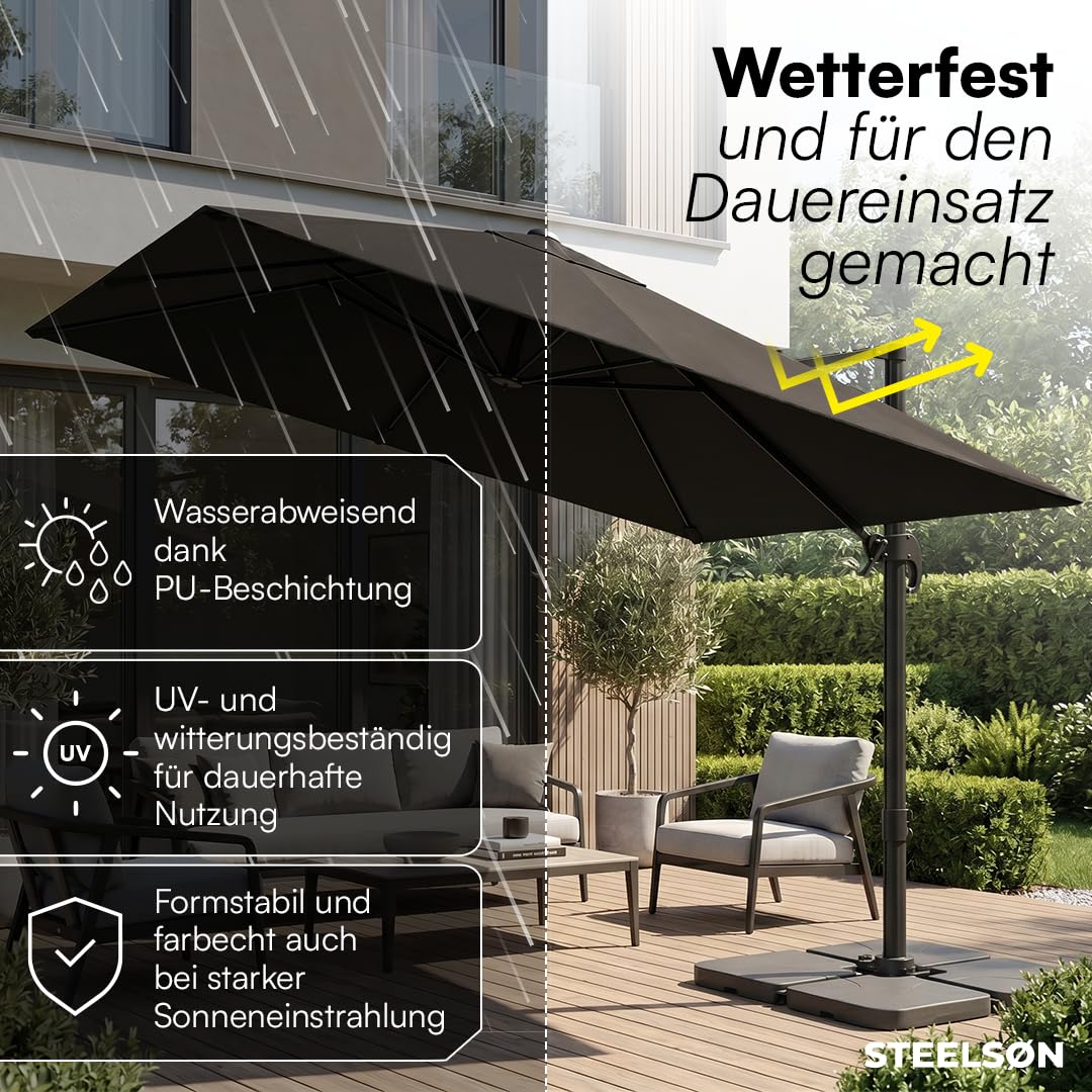 STEELSØN Elaris Premium Sonnenschirm rechteckig 300x300 cm – Ampelschirm inkl. Schutzhülle – Gartenschirm neigbar & 360° drehbar – Sonnenschutz UV50+ wetterfest – robustes Aluminium Gestell - schwarz