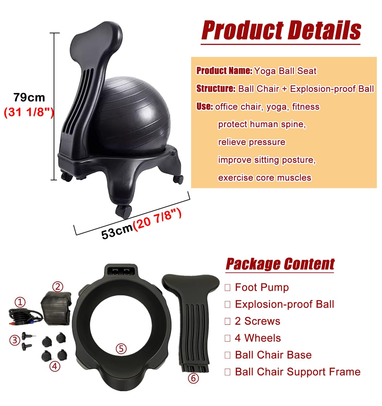 Chaise d'exercice de Bureau avec Ballon D'équilibre, Chaise de Yoga avec Support Ergonomique pour Une Bonne Posture, Siège à roulettes avec Boule de Confort et de Stabilité pour Tous(Black)