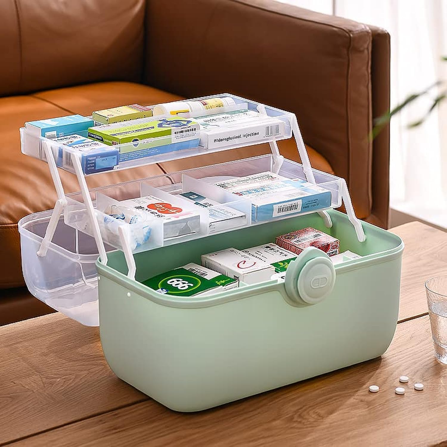 Gliron Clear Plastic Storage Box Organizer, Portable Family First Aid Box Medicine Box with 3-Tier Fold Tray for Medicine Storage,Arts, Crafts,Toys, 13.2x8.9x8.9 Inch (Green)