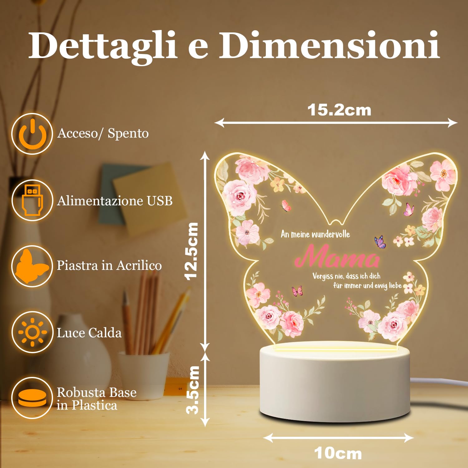 Coldbling Idee Regalo Festa Della Mamma Originale, Lampada Regali per Mamma Natale Compleanno da Figlia Figlio, Farfalla Luce Notturna in Acrilico