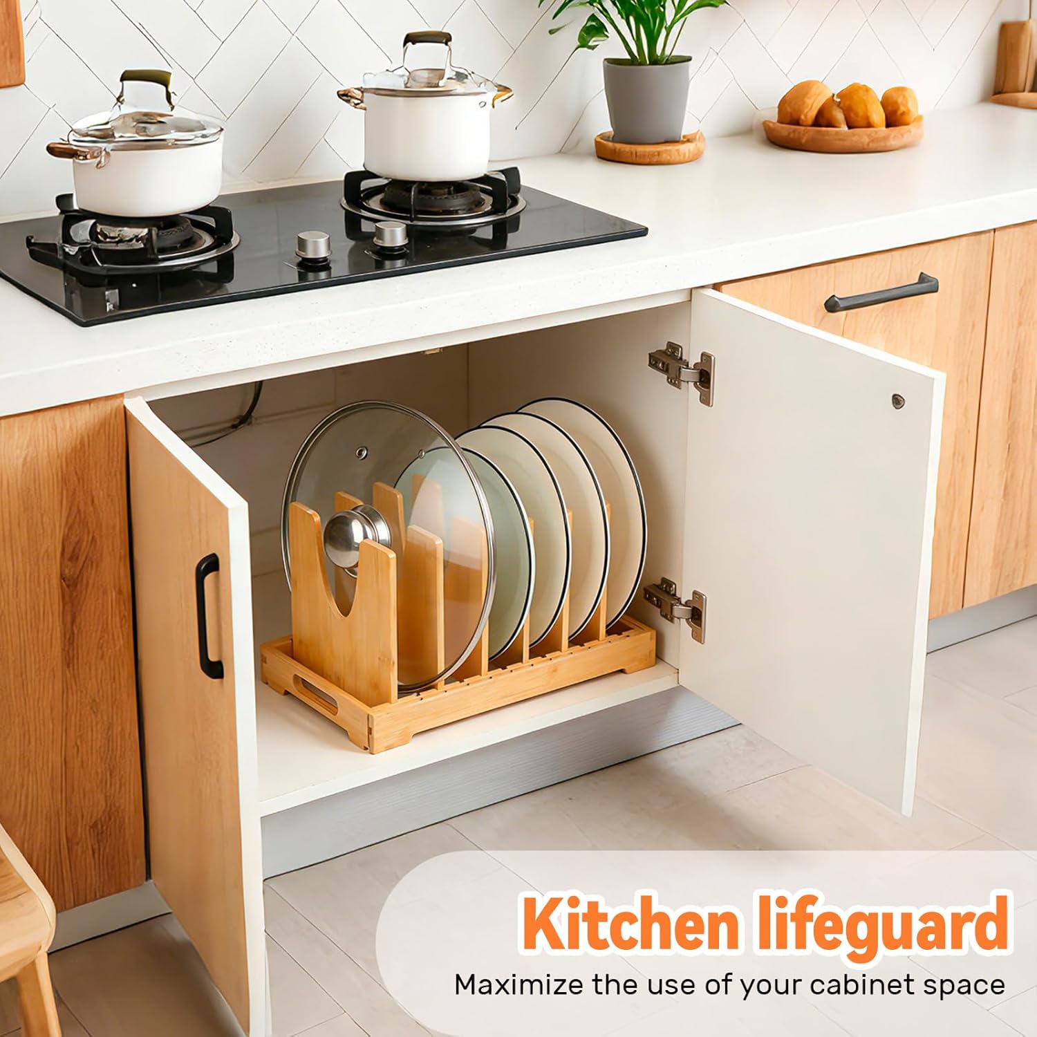 Pot and Pan Organizer for Under Cabinet, Expandable Pot Lid Organizer with 10 Adjustable Dividers, For Kitchen Cabinet Organizers and Storage