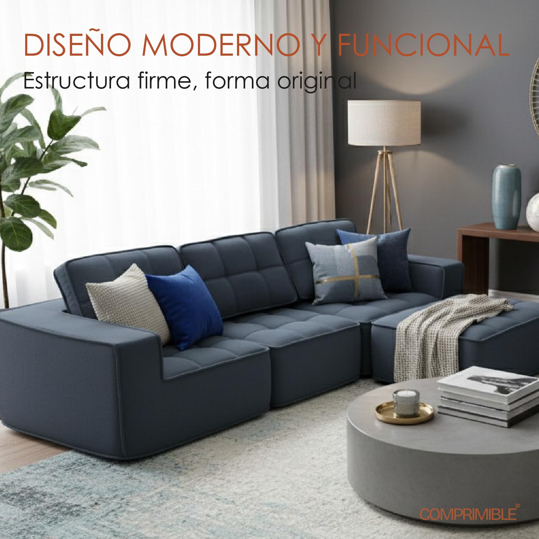 COMPRIMIBLE Icónico | Sofa Modular de 3 plazas con reposapies. Fabricado en Tela de Lana Resistente al Desgaste e Interior con Espuma polimérica de Alta Densidad. 275x90x75 (Blanco) | Polímero interior