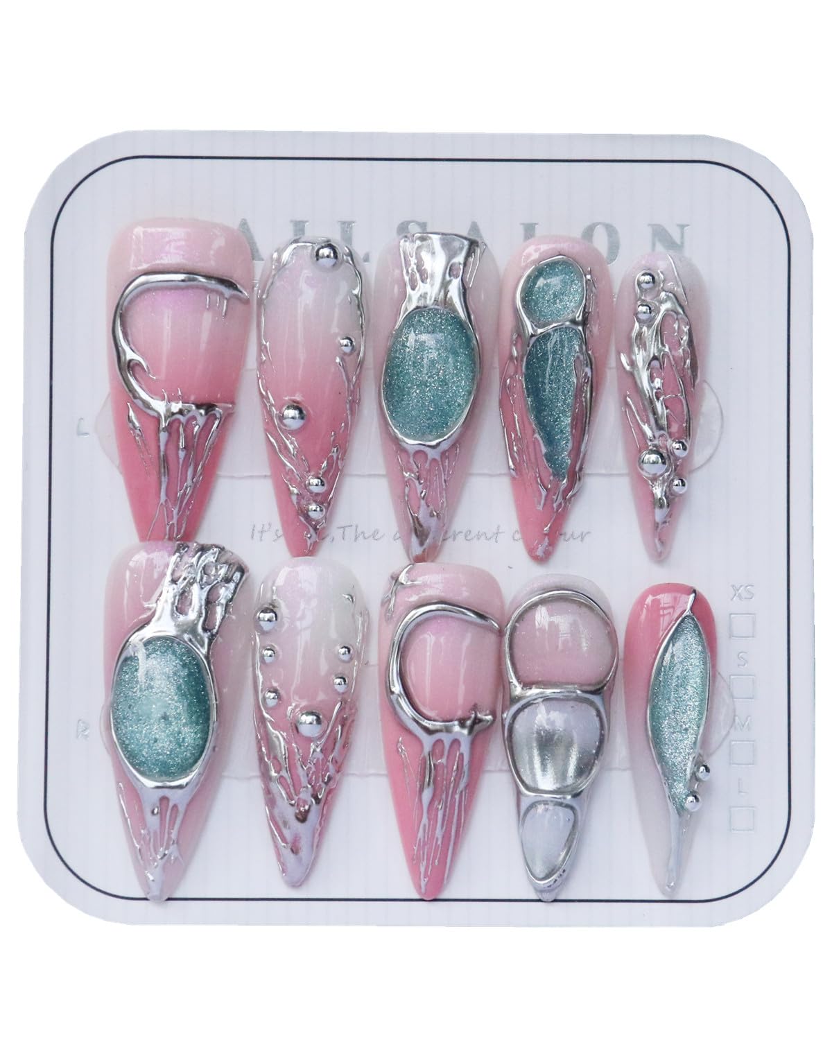 Luxury Handmade Press On Nails Pink Gradient Green Glitter Metallic 3D Design Long Stiletto Fake Nails Salon Quality Reusable Acrylic Nails for Women (B06, S)