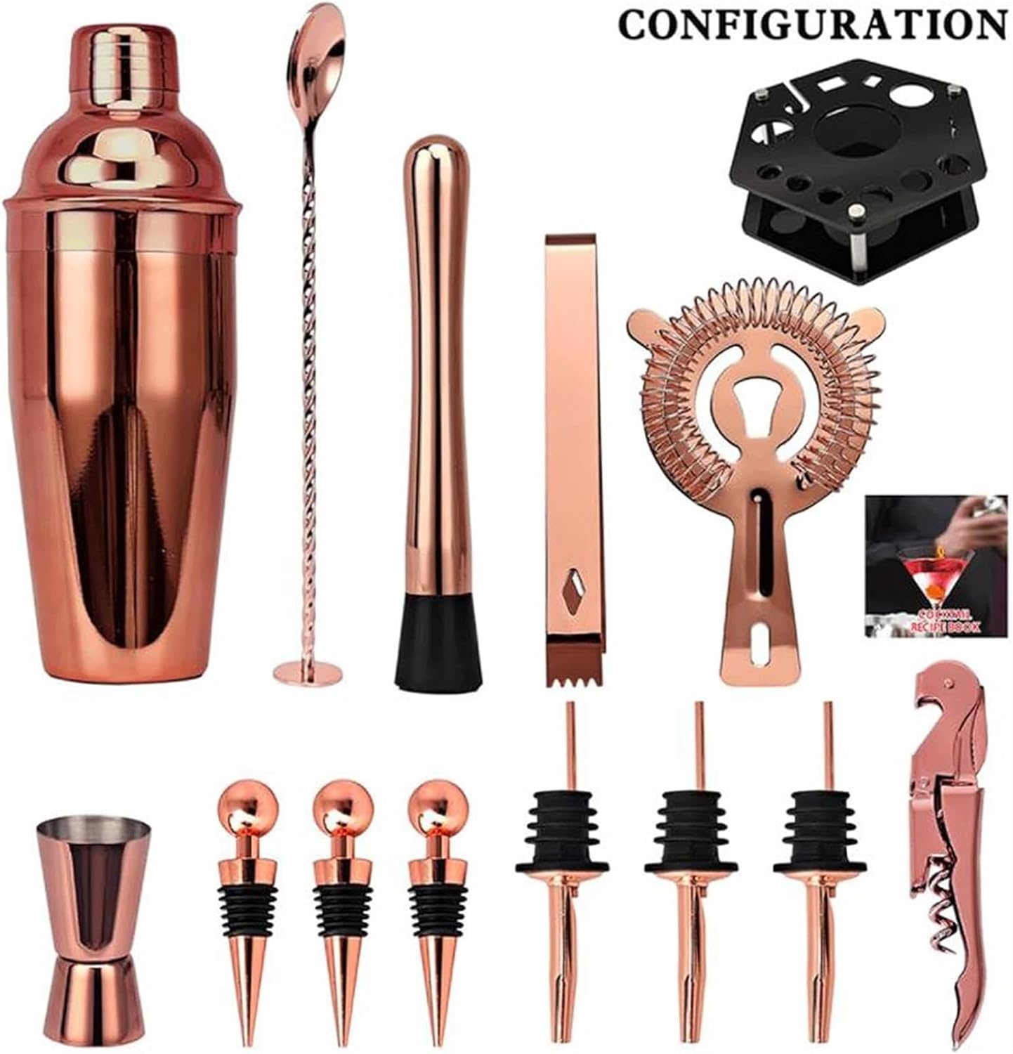 SOYON Cocktail Shaker Bartender Kit with Stand - 14 Piece Bar Tools Cocktail Kit, Premium Bartender Kit with Fun Bar Set - Stainless Steel Cocktail Shakers (Color : Brown)