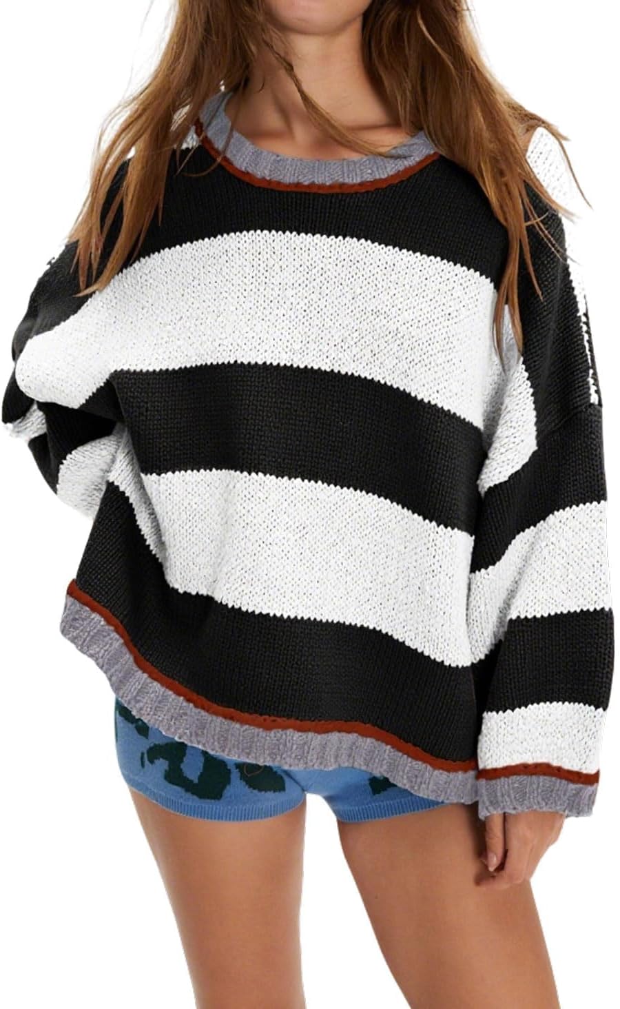Womens Cute Colorful Sweater Knit Striped Crewneck Long Sleeve Loose Pullover Swaters Tops