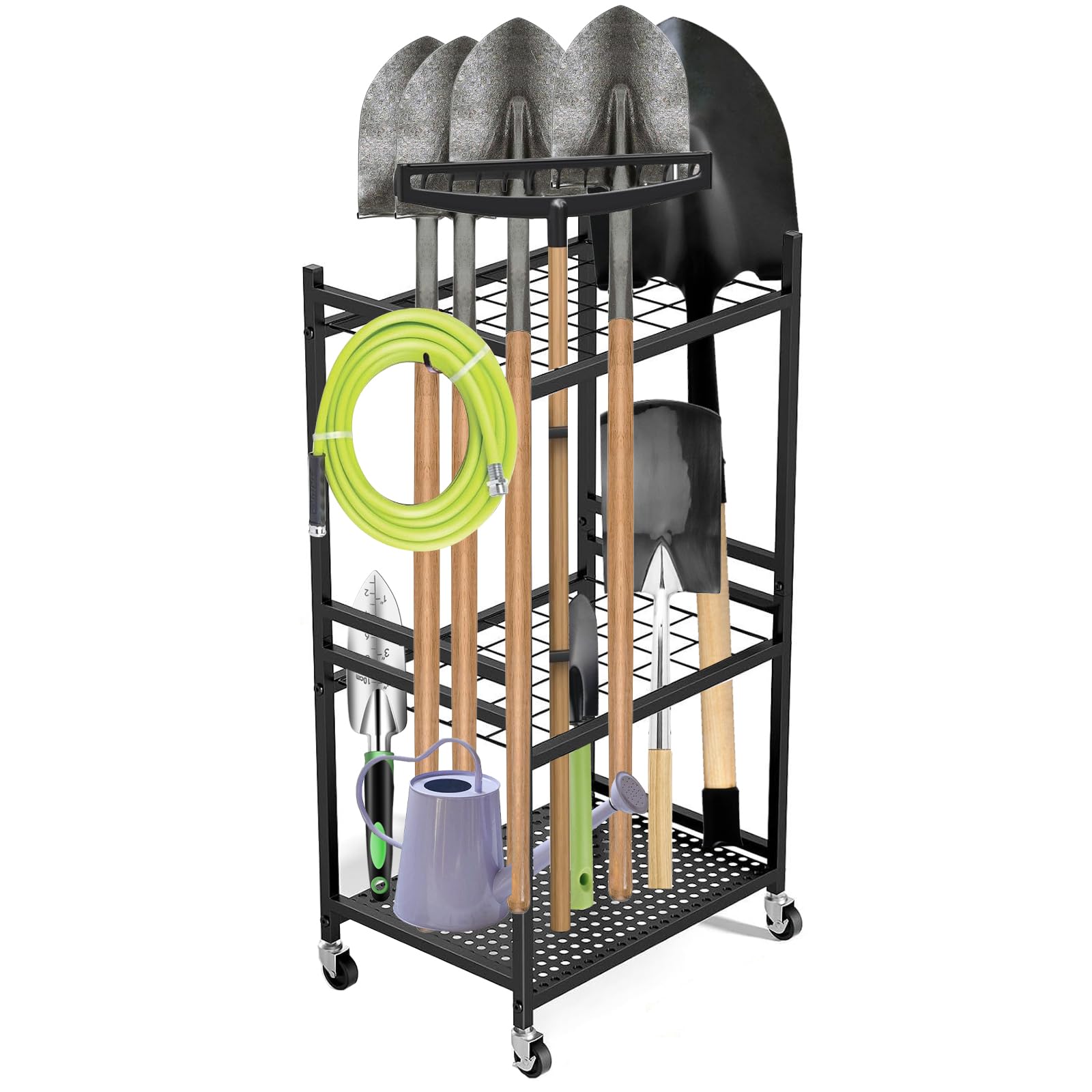 Gartenwerkzeug Organizer 3-stufig,Yard Tool Tower Rack,Garten Werkzeugregal mit 3 Beweglichen Haken & Feststellbaren Rollen,35 Fächer Hof Werkzeughalter für Garage,Schuppen & Terrasse