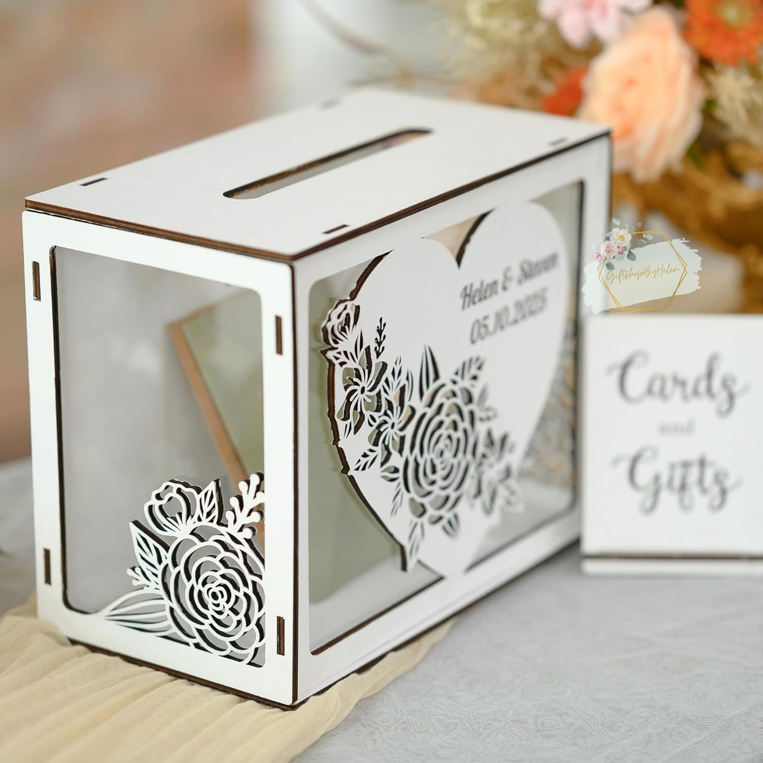 Personalized Wedding Card Box with Rose Design – Custom Wood Card Box With Slot, Elegant Wedding Envelope Holder, Gift Card Box For Reception Or Honeymoon Fund