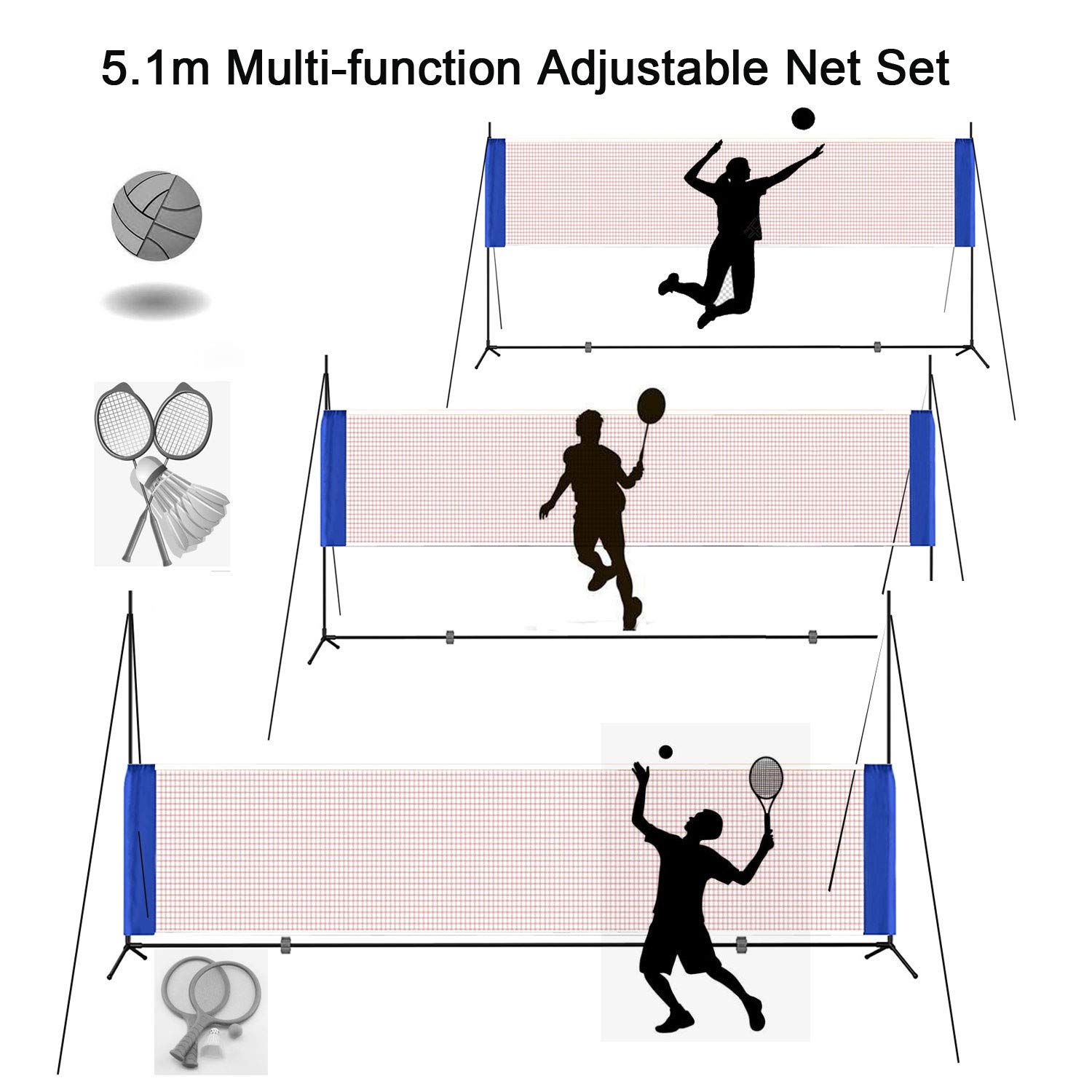 Portable Height Adjustable Badminton Volleyball Tennis Net Set Multi