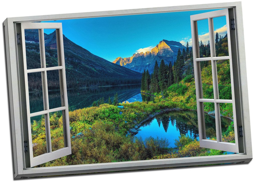 Panther Print Black Large Mountain Lake Scenic View 3D Window Effect Canvas Print Picture Wall Art - Large 30X20 Inches
