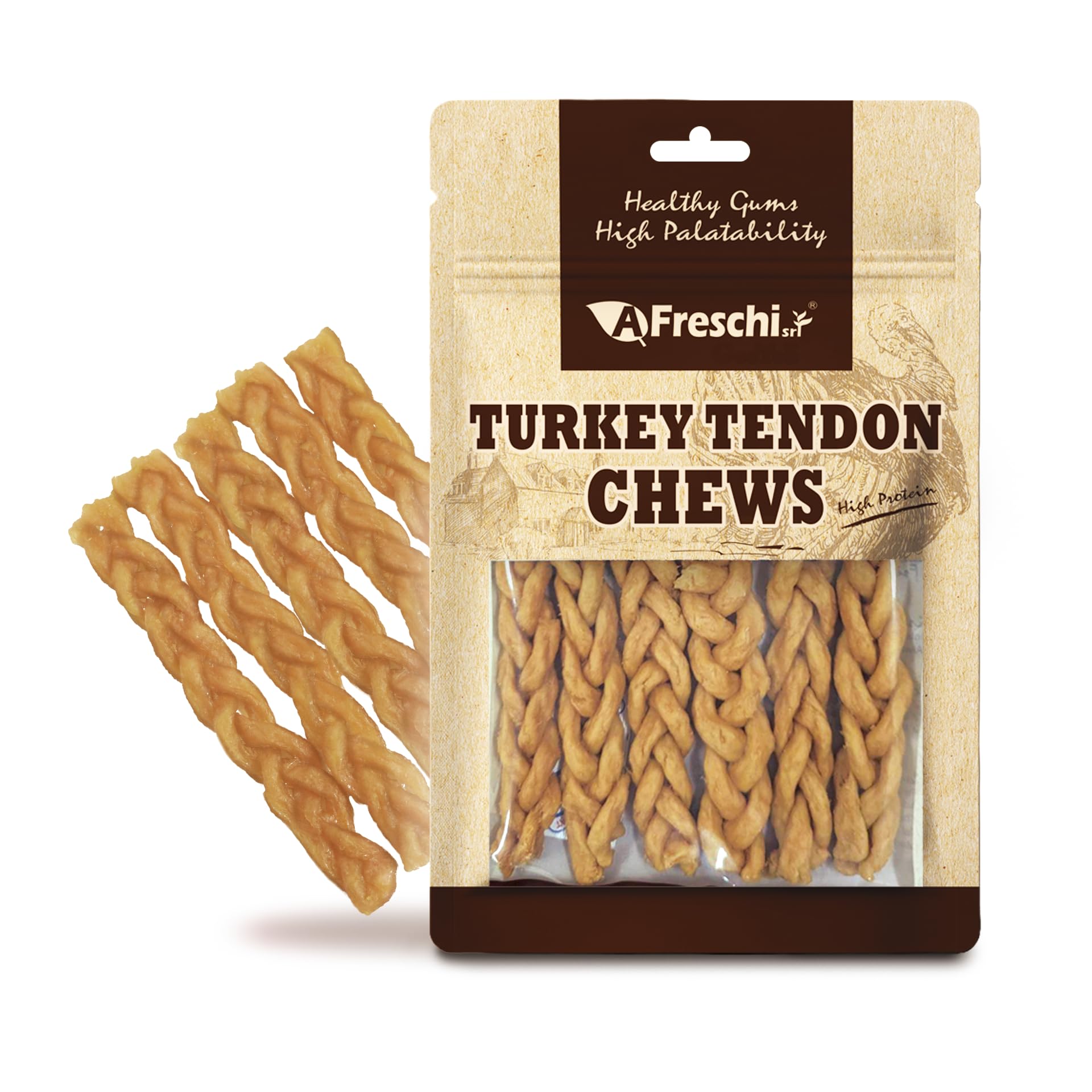 Afreschi Turkey Tendon Braided Stick 3.5 oz, Dog Treats for Classic Series, All Natural Human Grade Dog Treat, Suitable for Training chew, Turkey Sourced from USA, Rawhide Alternative