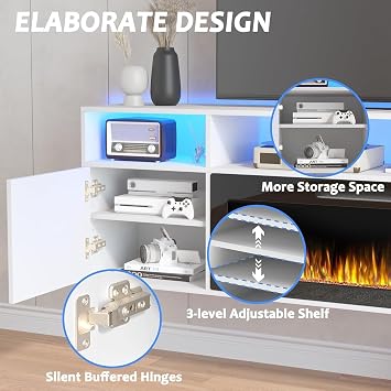 PUKAMI 70 Floating Fireplace TV Stand Wall Mounted, 36 Electric Fireplace with LED Lights & Storage Cabinet for TVs up to 80, Media Console for Living Room, White