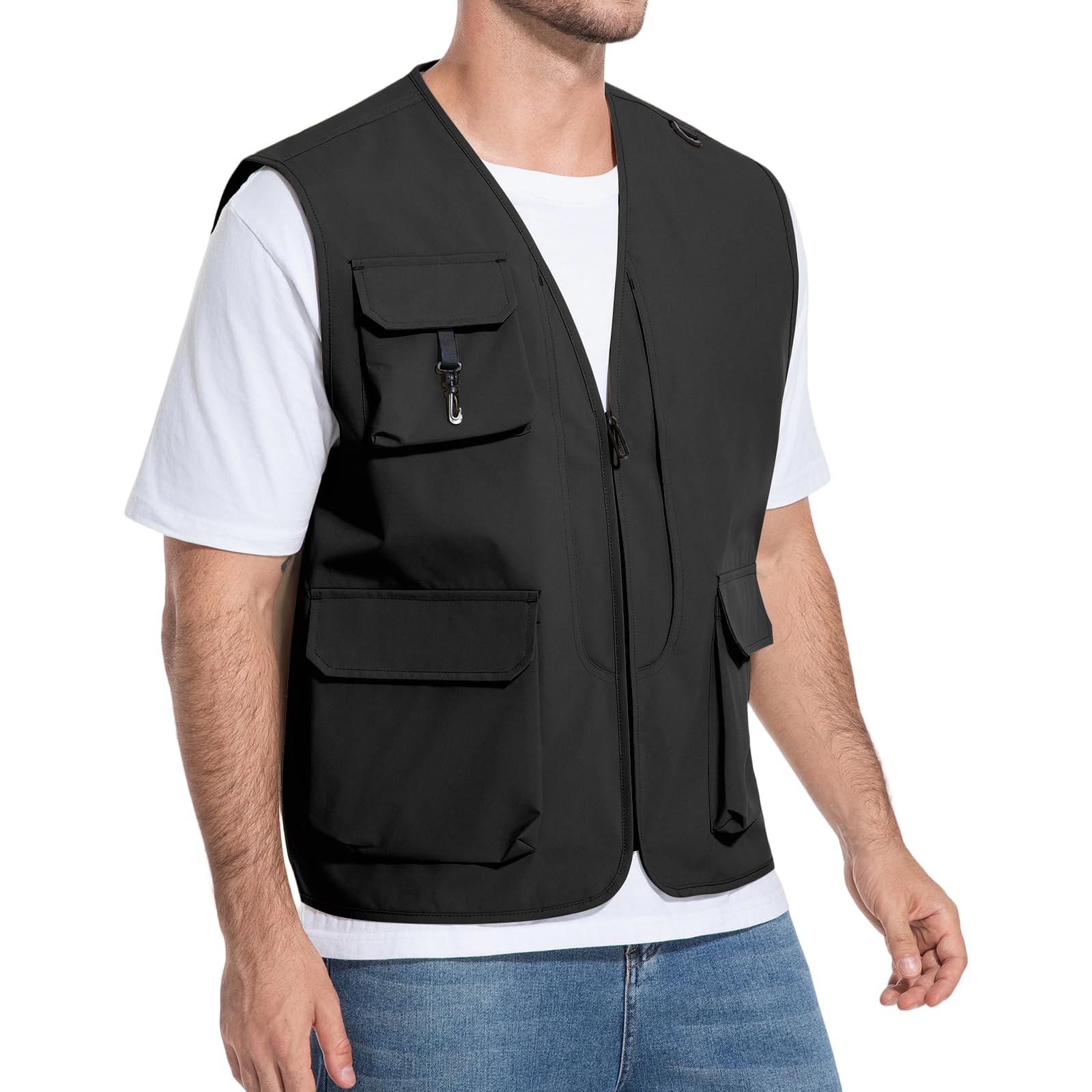 HYCOPROT Chaleco de Pesca para Hombre Outdoor Viaje Chaleco Casual Sin Mangas Ligero Impermeable Chaqueta Cargo Utility Abrigo de Invierno con 5 Bolsillos para Caza Senderismo Entrenamiento Escalada