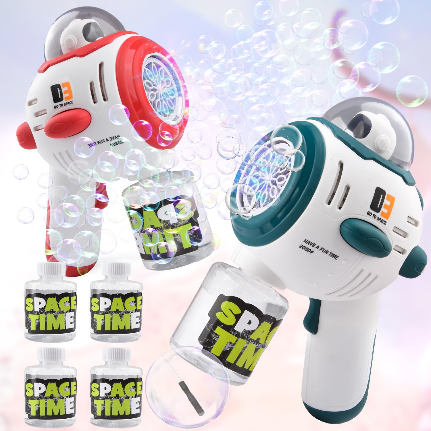 Go To Space 2 Pack Bubble Gun Machine for Kids, Automatic 10 Hole Light Up Bubble Blower with 4 Refill Solution, Bubble Guns Blaster for Toddlers, Outdoor Toys Gifts, Wedding, Christmas Party Favor