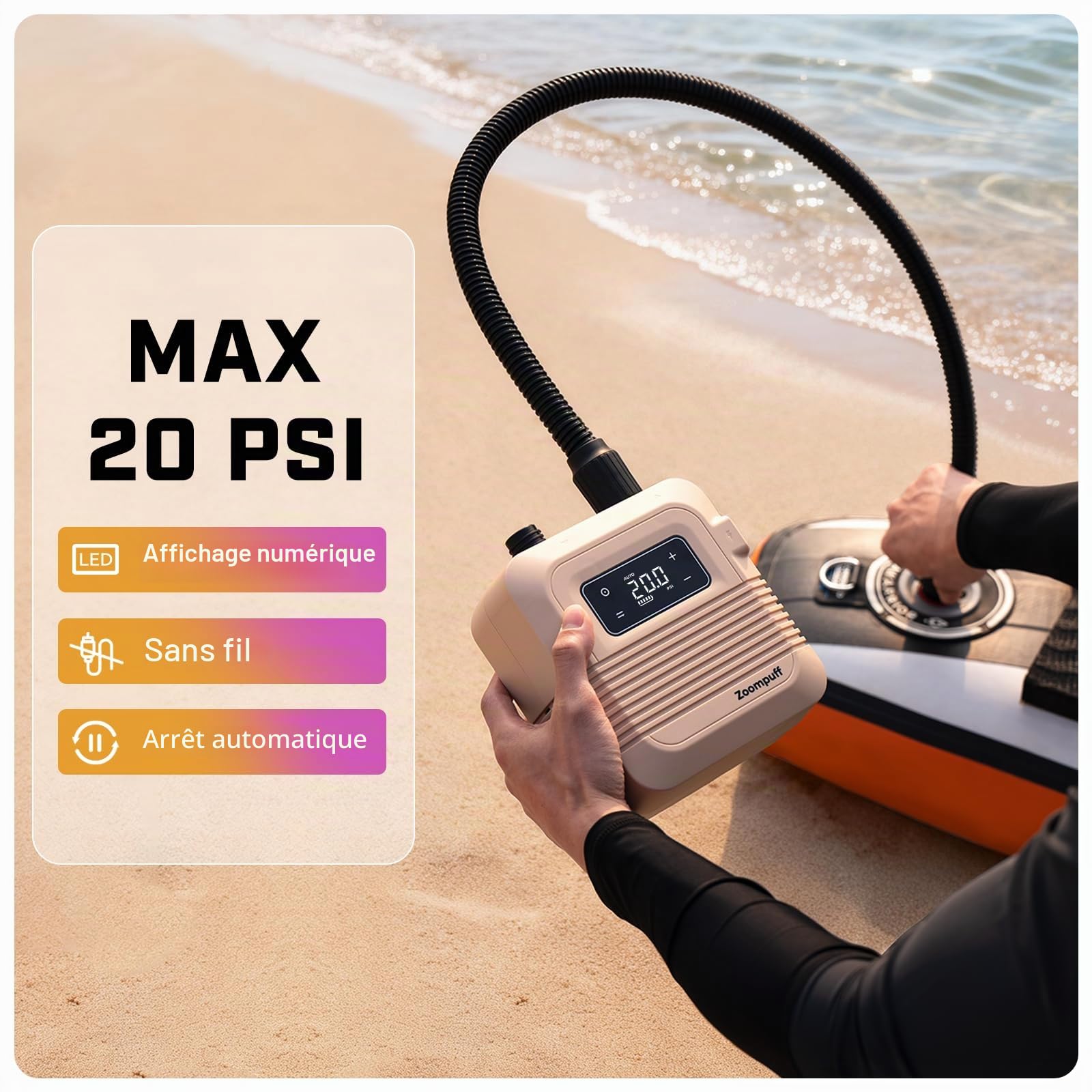 Pompe Sup électrique, Sup Rechargeable 20 PSI, gonflage Rapide | 5 min à 12 PSI, 1,14 kg légère, Batterie 38,48Wh, Gonflage/dégonflage double étage, 7 embouts, SUP, bateaux, kayaks