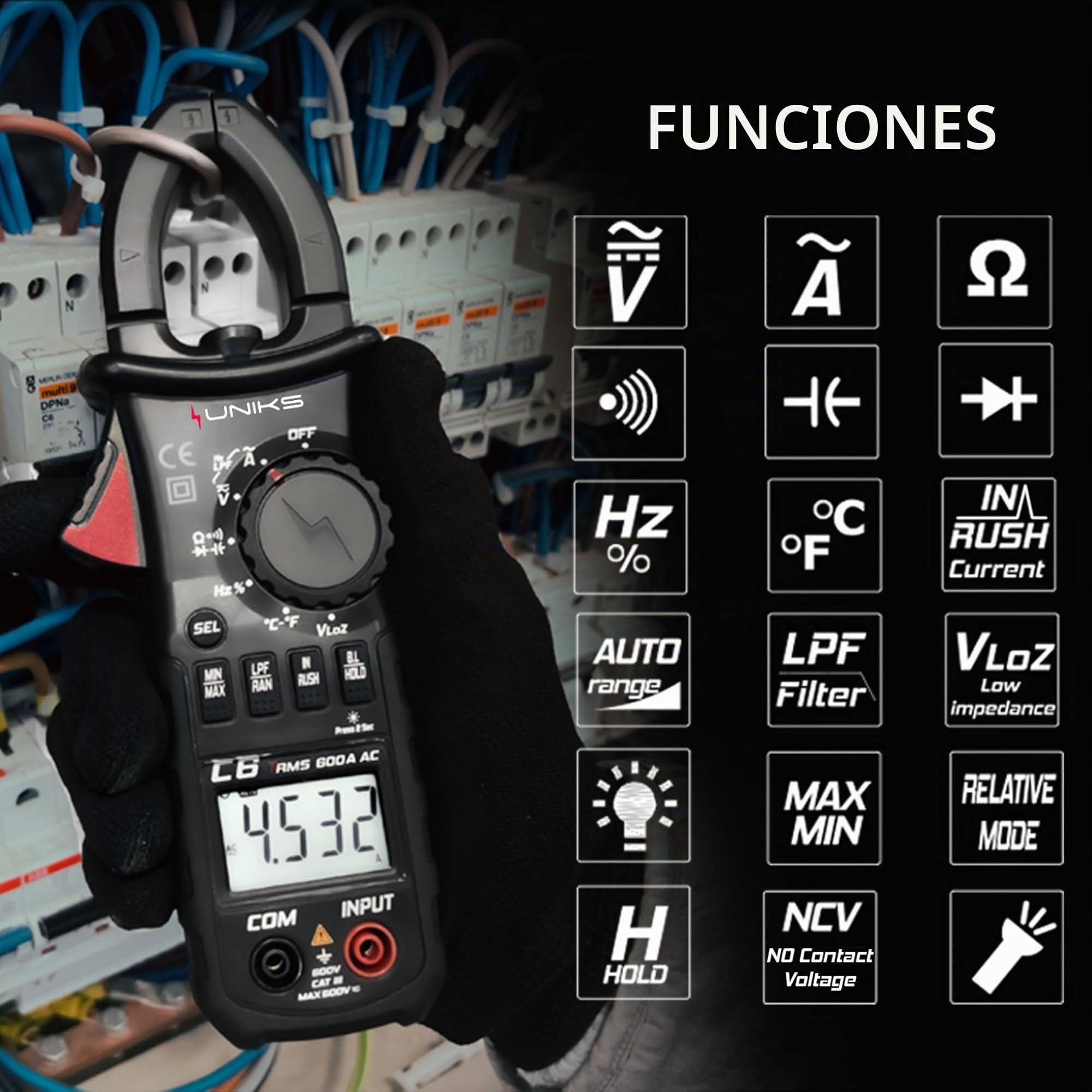 UNIKS - Pinza amperimétrica profesional digital TRMS C6 - Comprobador digital profesional 600 A - Medidor de corriente AC-DC Pantalla LCD y luz LED - Amperómetro ideal para fotovoltaica