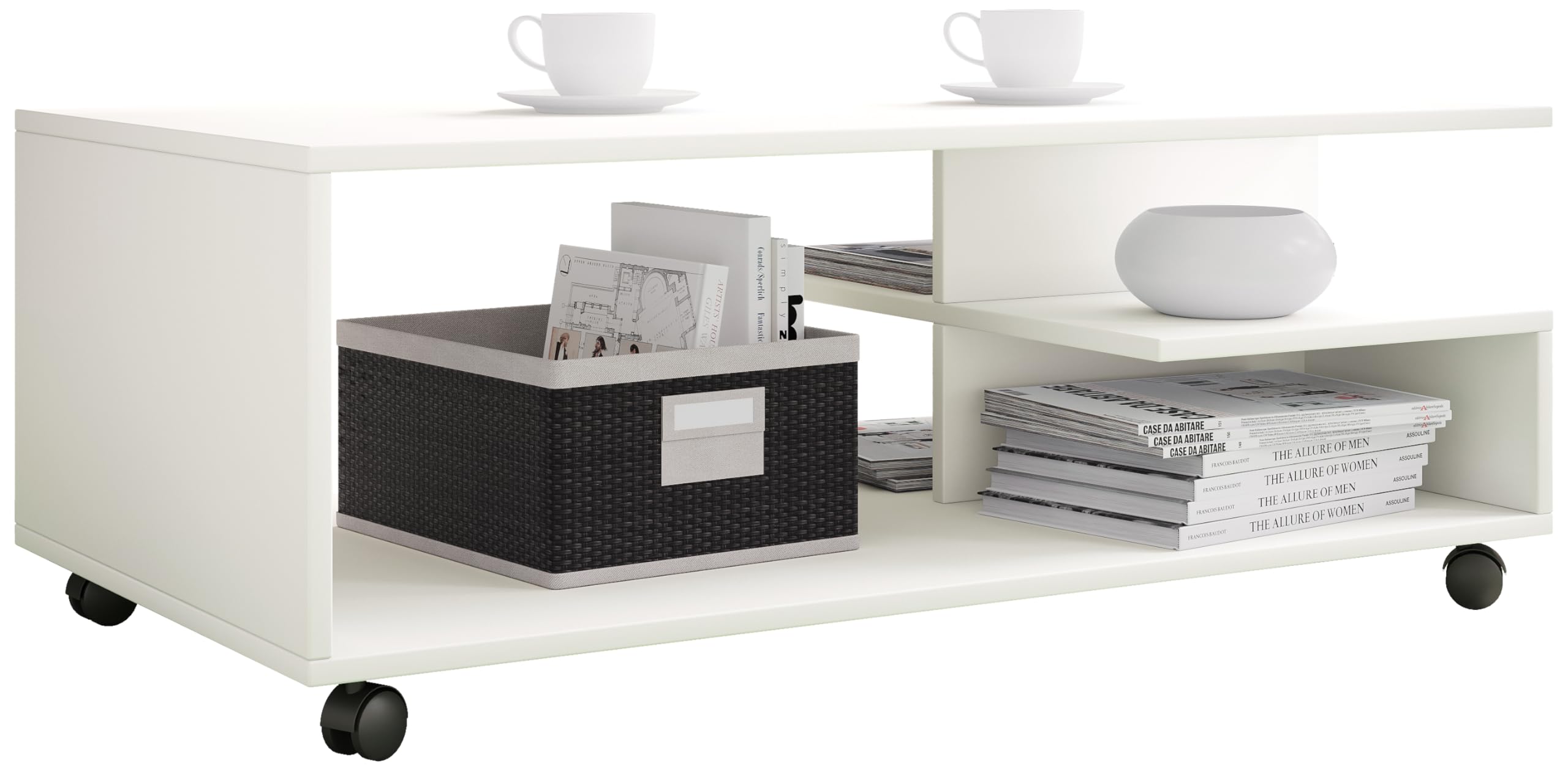 VCM Holz Couchtisch Sofatisch Wohnzimmertisch Rollen rollbar Kaffeetisch Stango XL Weiß