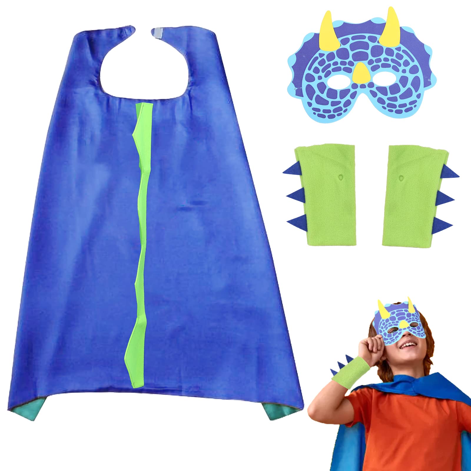 Dinosaurier-Kostüm Set Für Kinder – Umhang, Maske, Handkrallen & Pfoten, Blau, Für Größe 110-140 Cm