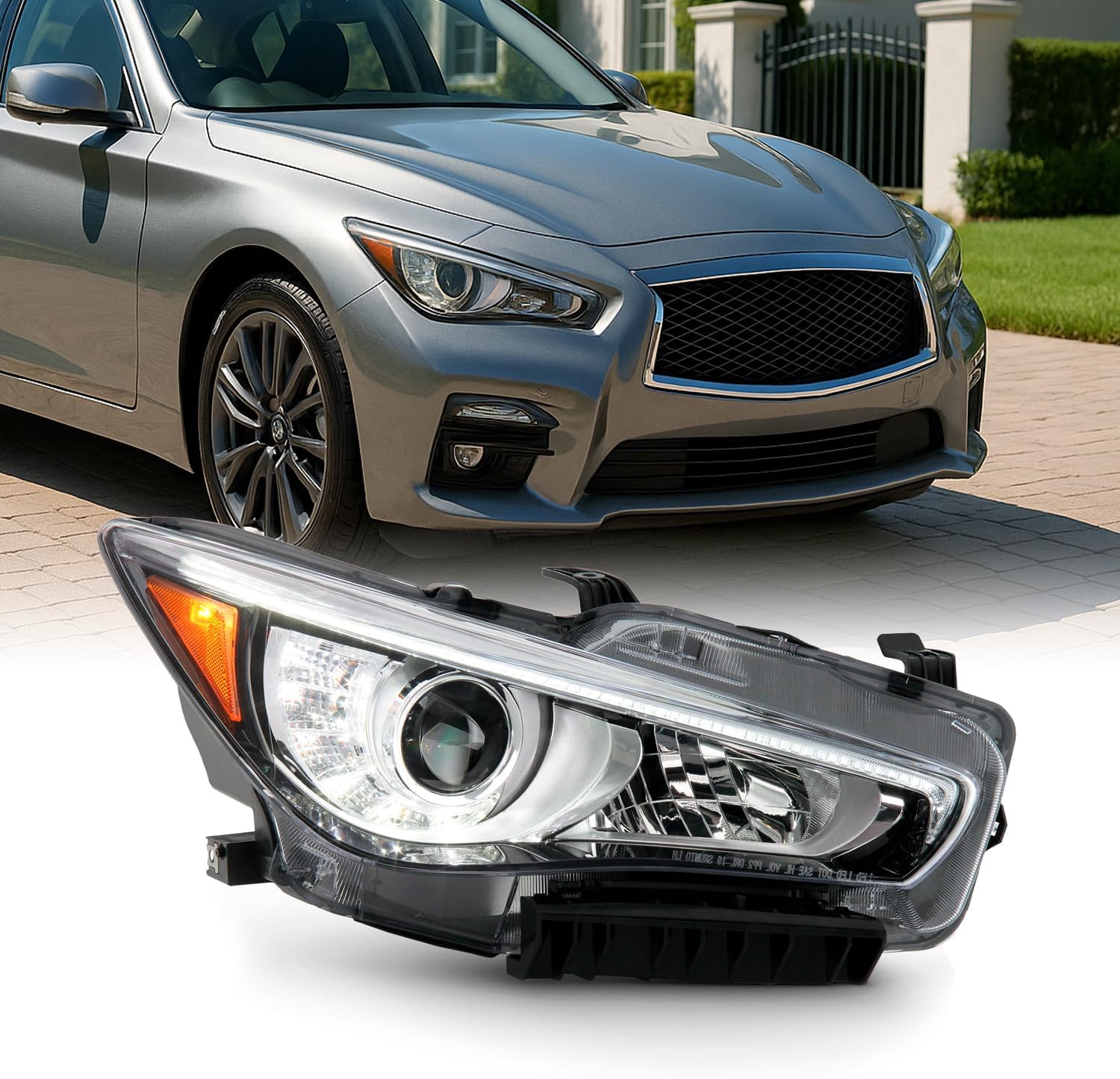 AKKON - Fits 2014-2022 InFiniti Q50 w/o AFS LED Projector Chrome Clear Headlight Passenger Right Side 14-22