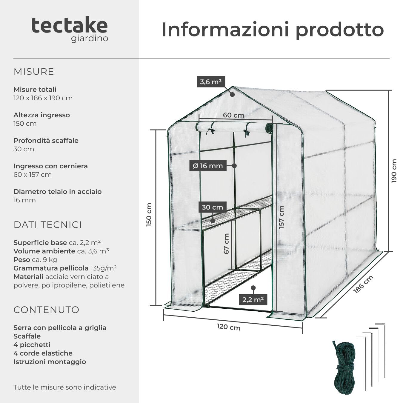 tectake® Serra da Giardino con Telaio in Acciaio, Serra per Orto con 4 Griglie di Appoggio in Metallo, Pellicola Retinata in Propilene, Comoda Porta di Accesso, Resistente ai Raggi UV - Bianco