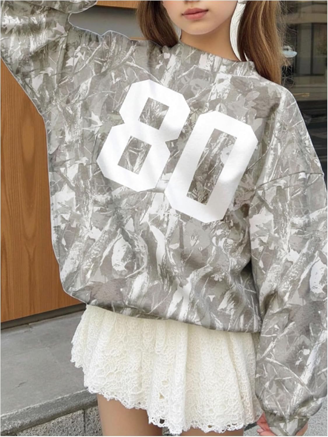 OYOANGLE Girl's Number Camo Print Jersey Sweatshirts Long Sleeve Loose Pullover Top Streetwear - Image 2