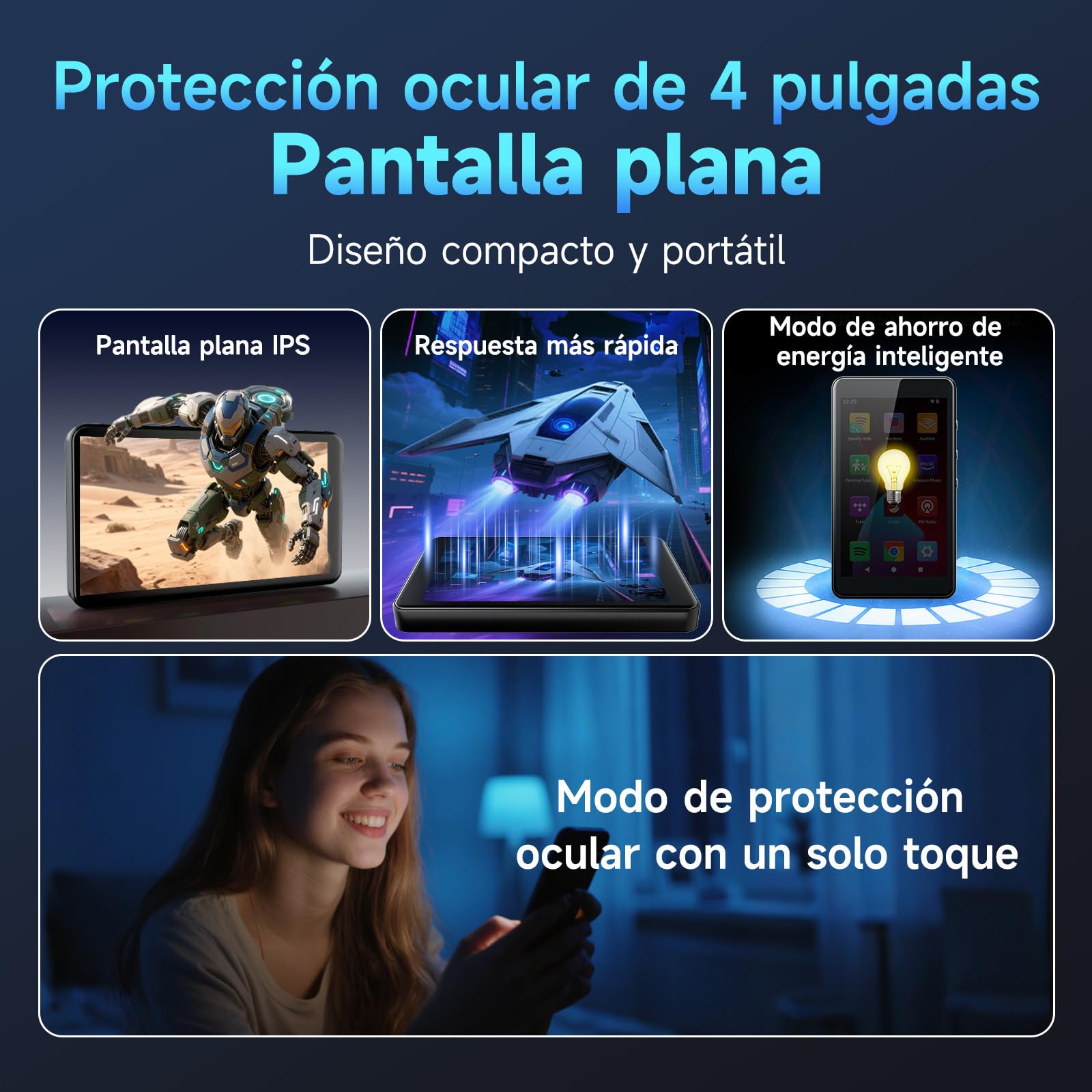 Reproductor MP3 Android 14 con Spotify, Play Store, Amazon Music, Audible, Libby, Reproductor de música MP4 con Pantalla táctil de 4" para niños con Control Parental, Modo Eye-Care (Negro Espacial)