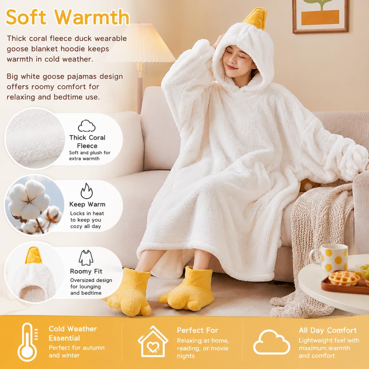 Couverture à capuche en forme d'oie - Pyjama en forme d'oie blanche - Couverture à capuche - Pyjama canard - Combinaison pour la maison, le salon, la soirée cinéma