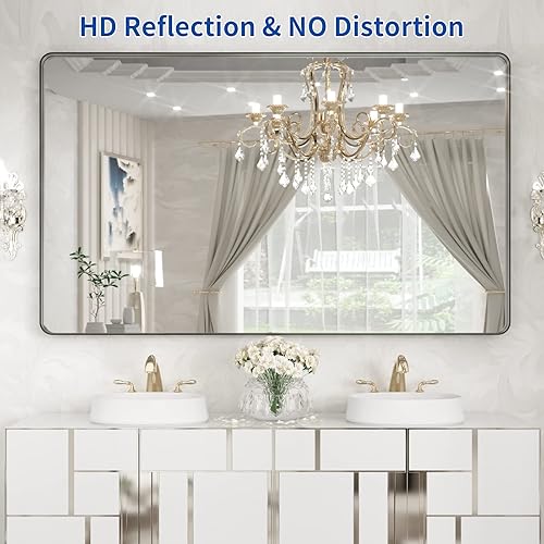 Miniatura 2 de WEER Espejo con marco de metal negro, espejo rectangular de pared negro mate de 60 x 36 pulgadas para baño, esquina redondeada, espejo de tocador de