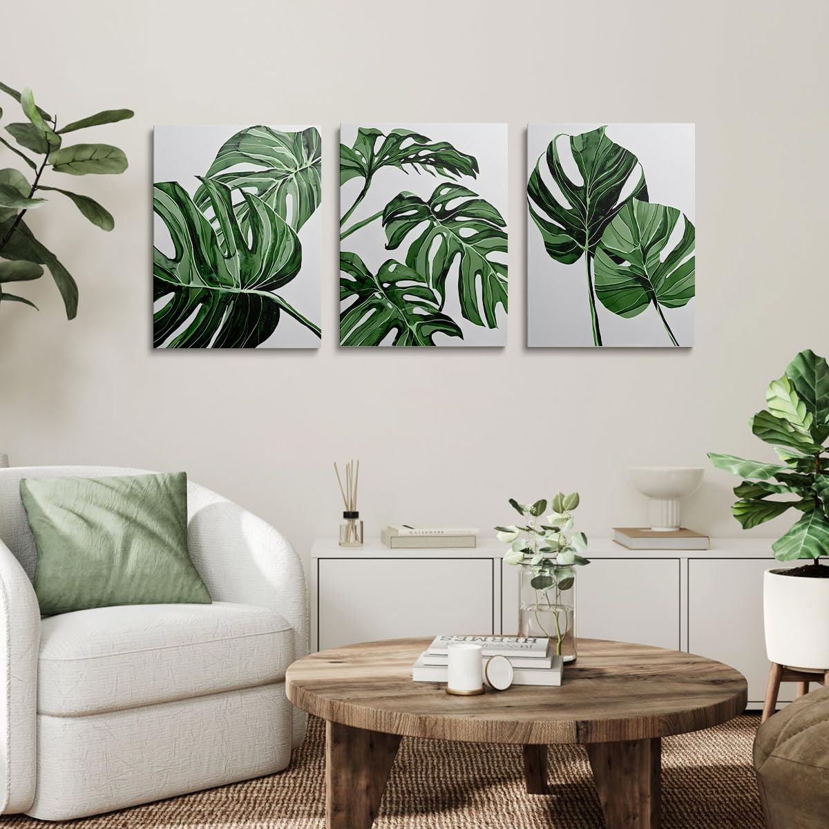 Canvas Wall Art Prints 3 Pieces White Green Leaves Picture Framed Artwork Paintings for Bedroom Living Room Kitchen 30 x 40cm Home Wall Decoration Paintings Personalised Photo Gifts - Image 2