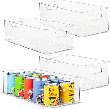 Plastic Food Storage 4 Pack Clear Container Bin with Handles for Organizing Kitchen, Pantry, Refrigerator, Freezer, Pantry, Cabinet, Closet, Bathroom. 16x8x5