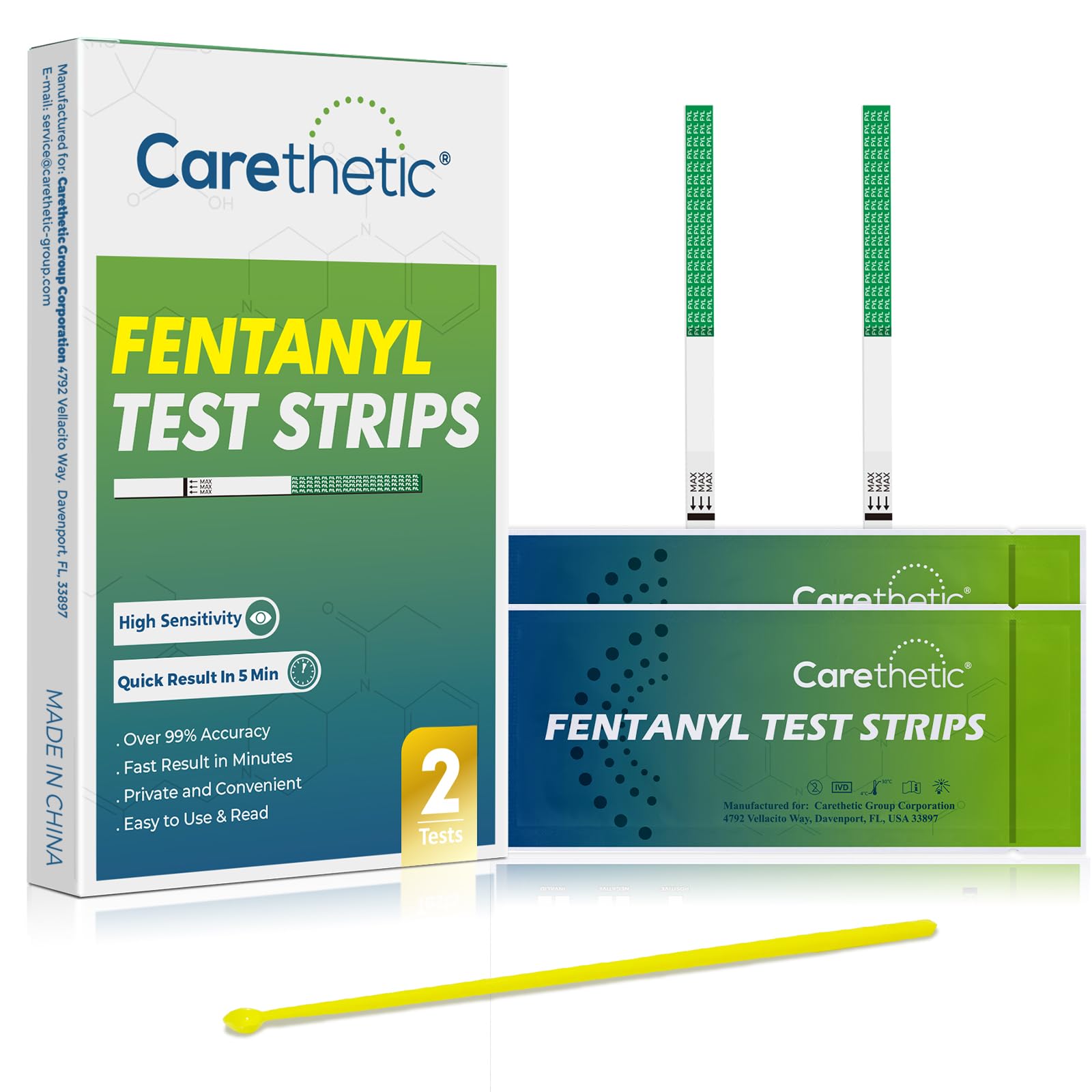 [2 Pack] Carethetic Fentanyl Test Strips Kit - Rapid High-Sensitivity Drug Testing with 10-15mg Micro Scoop & User Guide