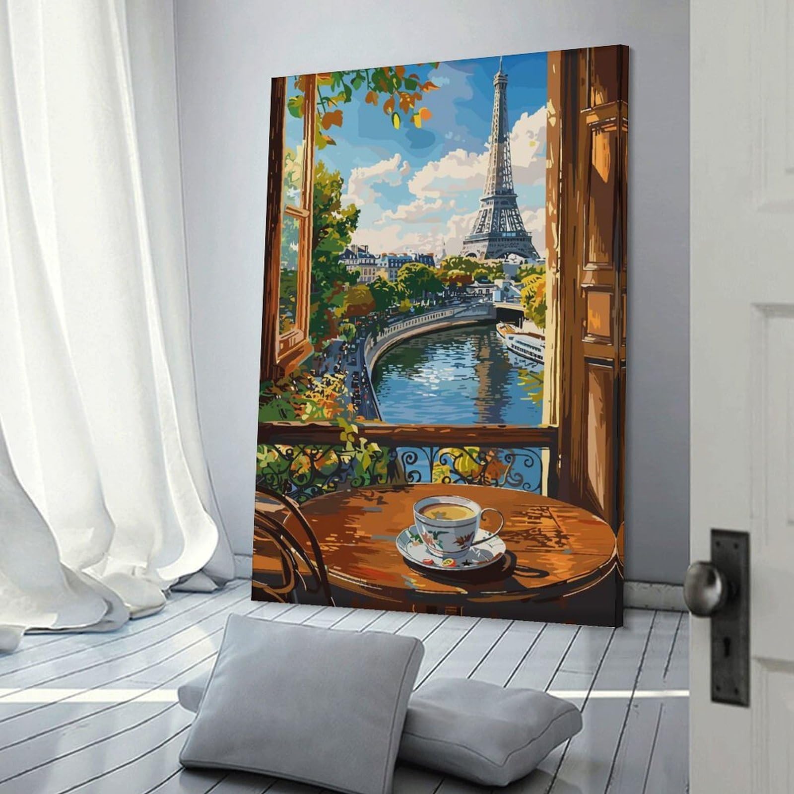 Junmoney Parisian View with Coffee Cup Canvas Wall Picture, 20x30inch(50x75cm), for Wall Displays, Bedrooms Or Room Updates, Wall Decor Suited to Curated Displays