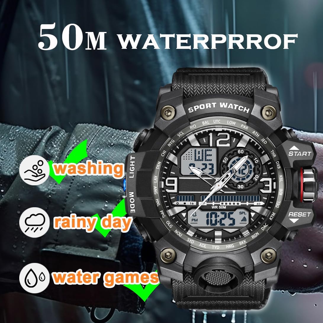 findtime Orologio sportivo da uomo, tattico, militare, impermeabile, orologio digitale da uomo, robusto, con retroilluminazione a LED, sveglia, cronometro