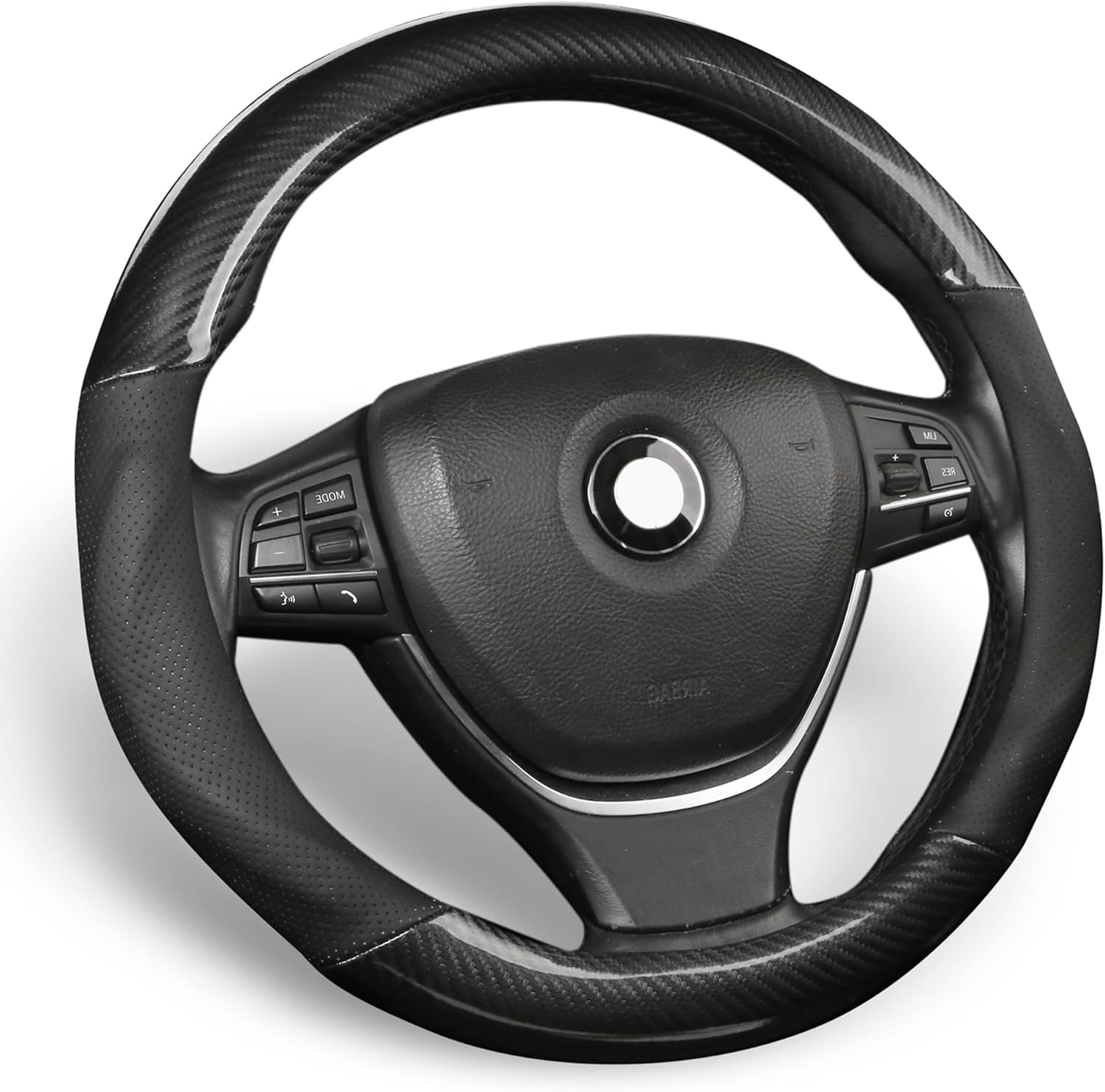 ALEMODR Black Carbon Fiber Leather Steering Wheel Cover Universal 15 inch
