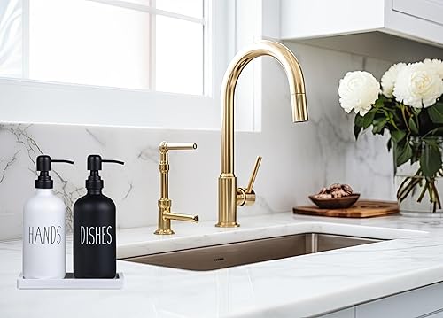 Miniatura 2 de HBlife Juego de dispensador de jabón de vidrio para cocina con bandeja de madera blanca y bomba de acero inoxidable, dispensador de jabón de manos y