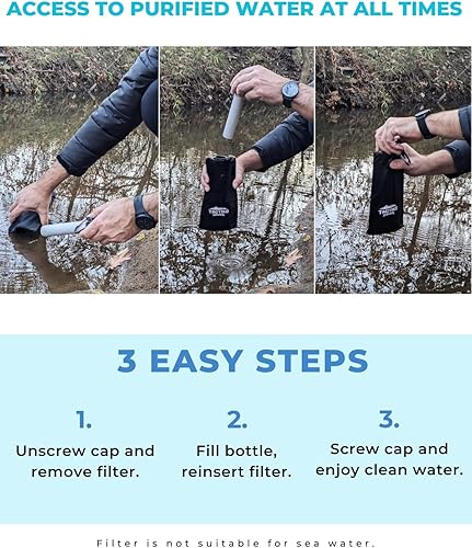 Miniatura 5 de Tactiko - Botella de agua purificadora de 25 onzas  Membrana UF, filtro de carbón activado de 265 galones. de ríos, arroyos, popote de filtro